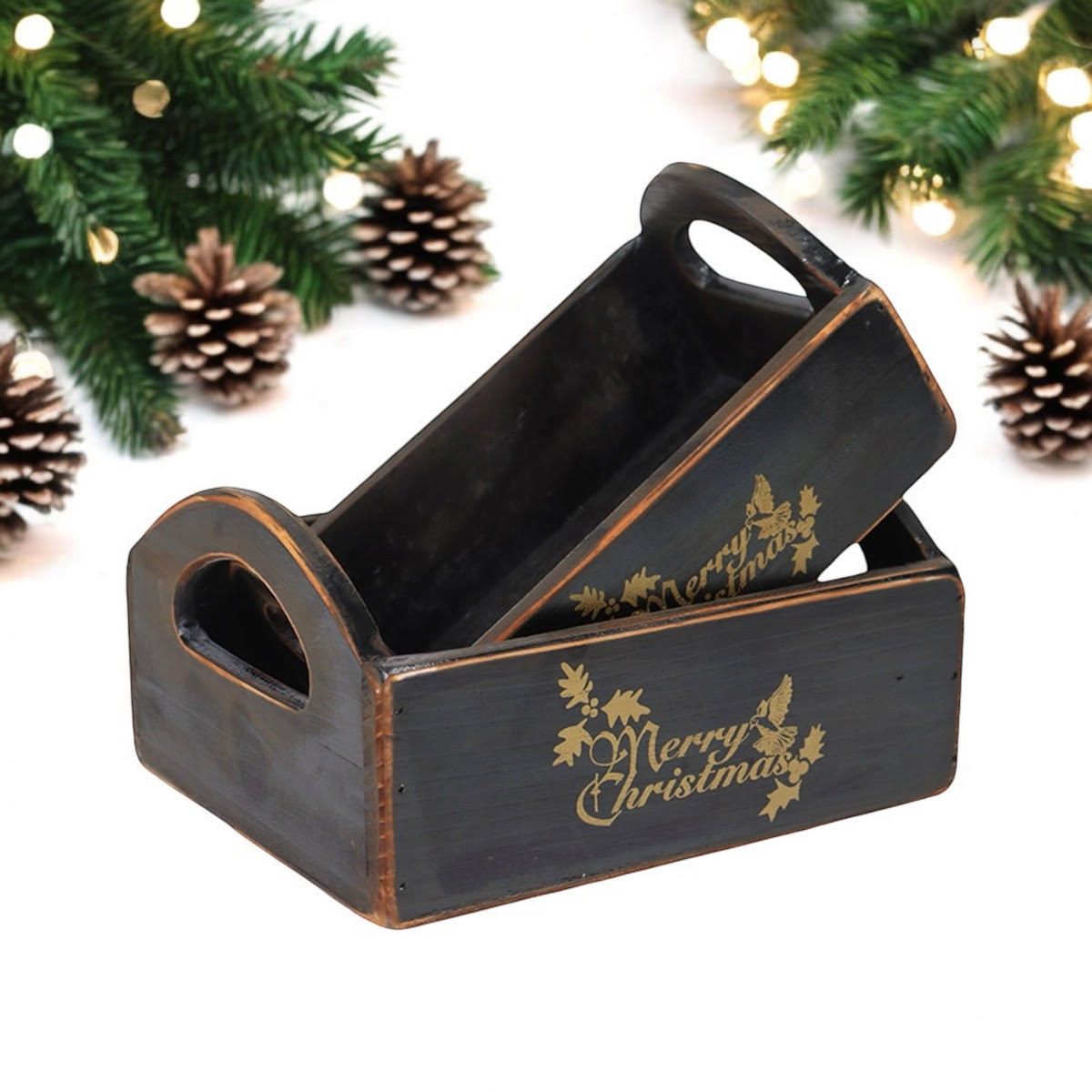 Durable & Stackable Vintage Black Merry Xmas Storage Crate with Compartments Set of 2 – Stylish Display Containers for Home Organization, Garden-Themed, and Home Decor (Merry Christmas Design)