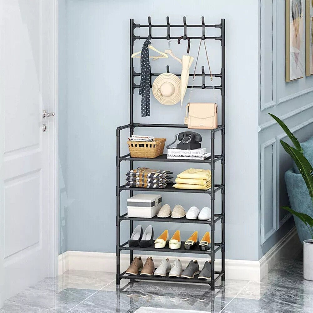 New Coat and Hat Stand 8 Hooks Metal Shoe Rack 5 Tiers Shelf Hanger Black
