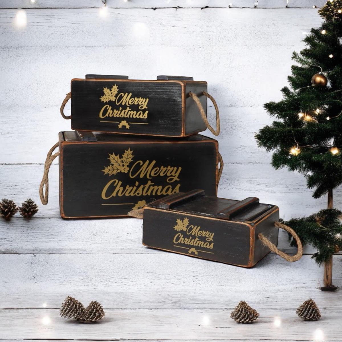 AcaciaHome Stylish and Vintage Wooden Merry Christmas Storage Crate Set – 3 Rustic Display Boxes for Garden & Home Decor – Stackable, Durable, Space-Saving Design for Home & Outdoor Use (Black)