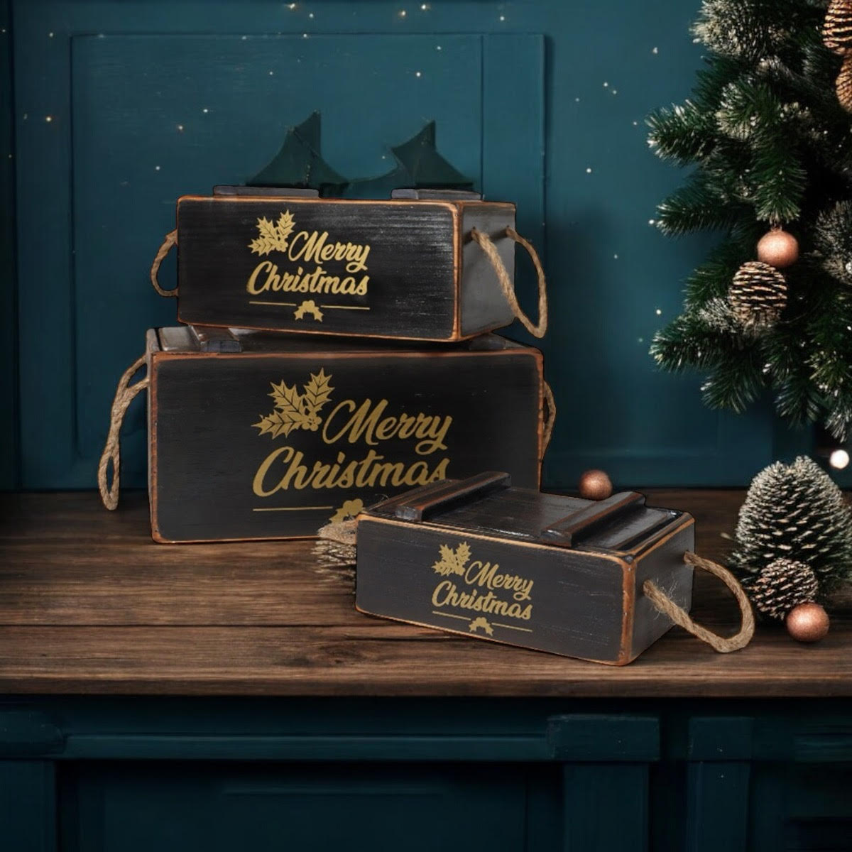 AcaciaHome Stylish and Vintage Wooden Merry Christmas Storage Crate Set – 3 Rustic Display Boxes for Garden & Home Decor – Stackable, Durable, Space-Saving Design for Home & Outdoor Use (Black)