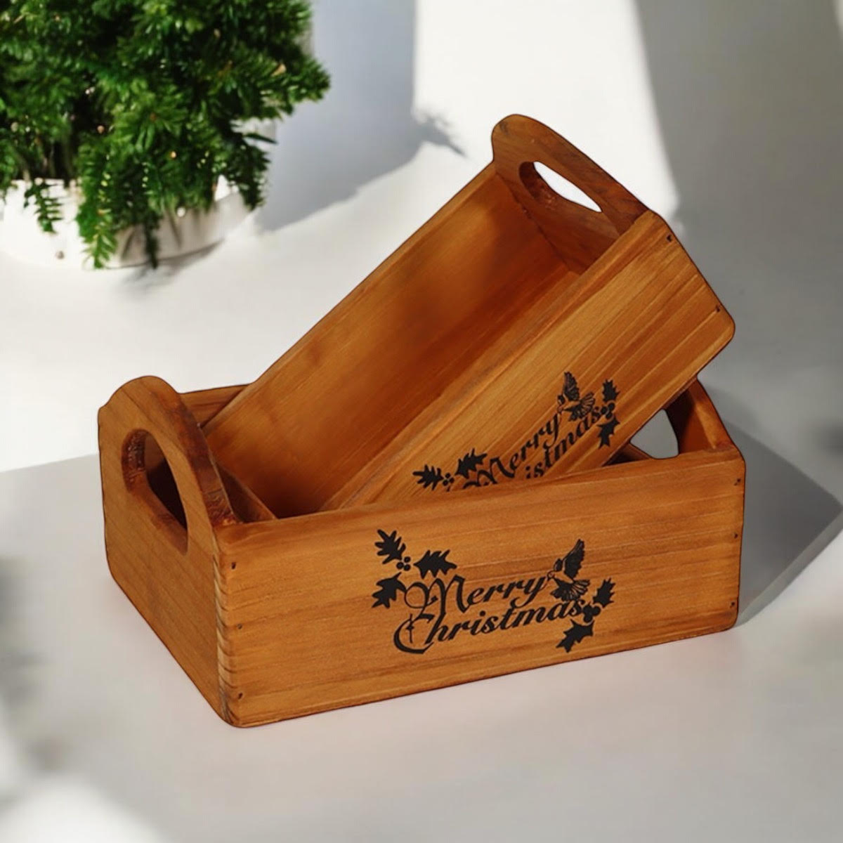 Durable & Stackable Vintage Brown Merry Xmas Storage Crate with Compartments Set of 2 – Stylish Display Containers for Home Organization, Garden-Themed, and Home Decor (Merry Christmas Design)