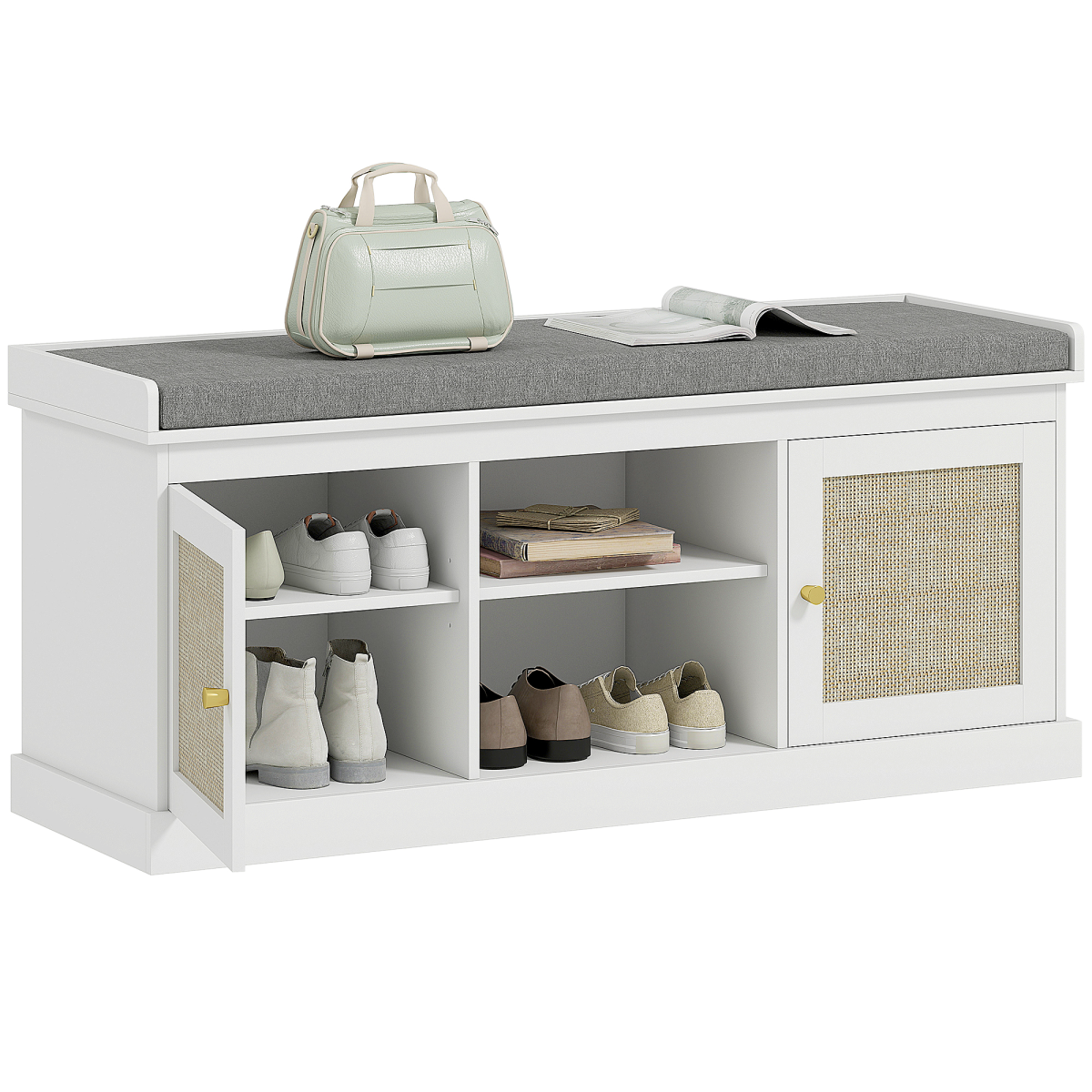 HOMCOM Shoe Bench, Boho Shoe Storage Bench with Padded Cushion, White