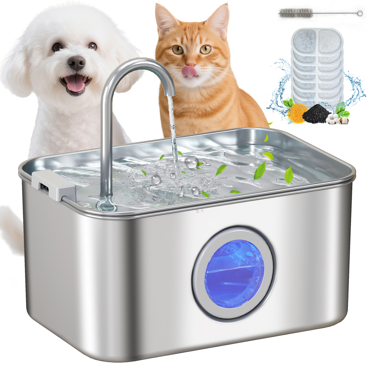 PawHut 3.2L Cat Water Fountain for Drinking Stainless Steel Ultra-Silent