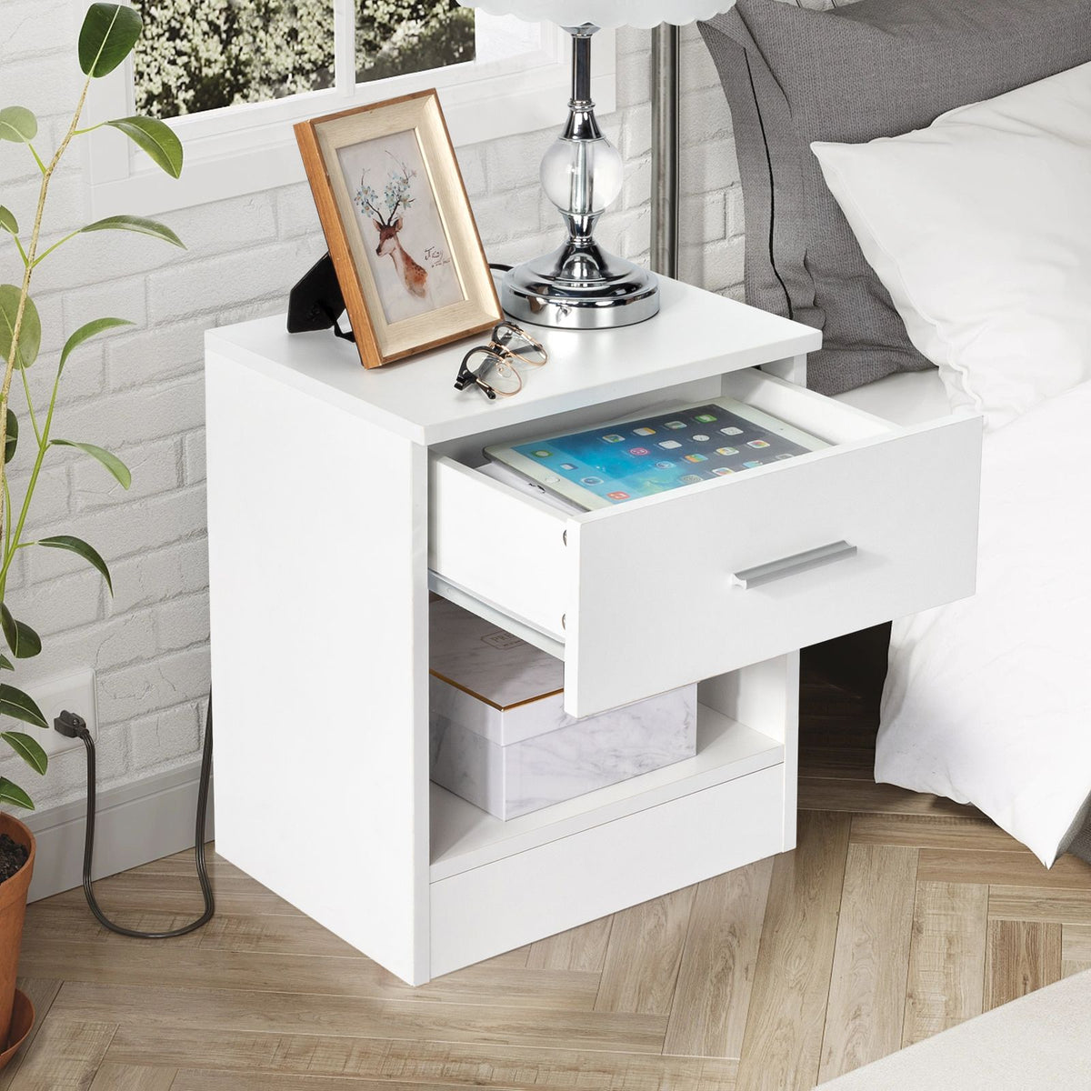 cortex-london-york-white-two-tier-bedside-cabinet-particleboard-drawer-open-shelf