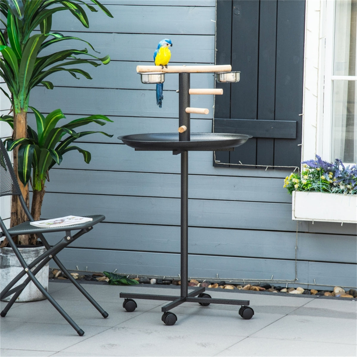 cortex-london-windsor-bird-feeding-stand-grey-stainless-steel-bowls-wood-perch