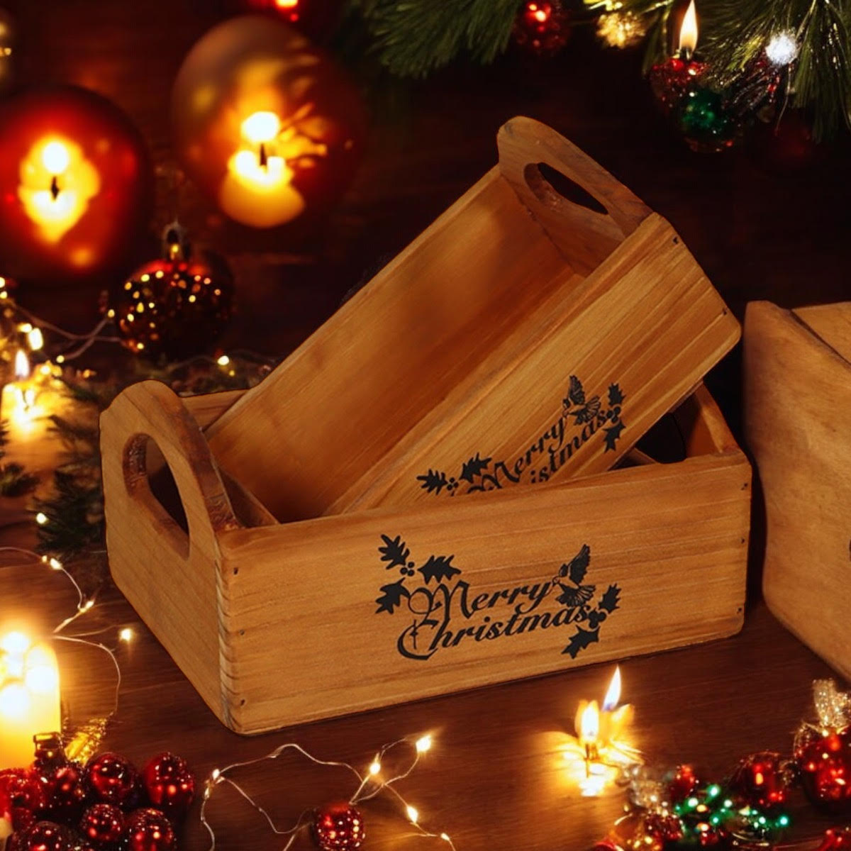 Durable & Stackable Vintage Brown Merry Xmas Storage Crate with Compartments Set of 2 – Stylish Display Containers for Home Organization, Garden-Themed, and Home Decor (Merry Christmas Design)