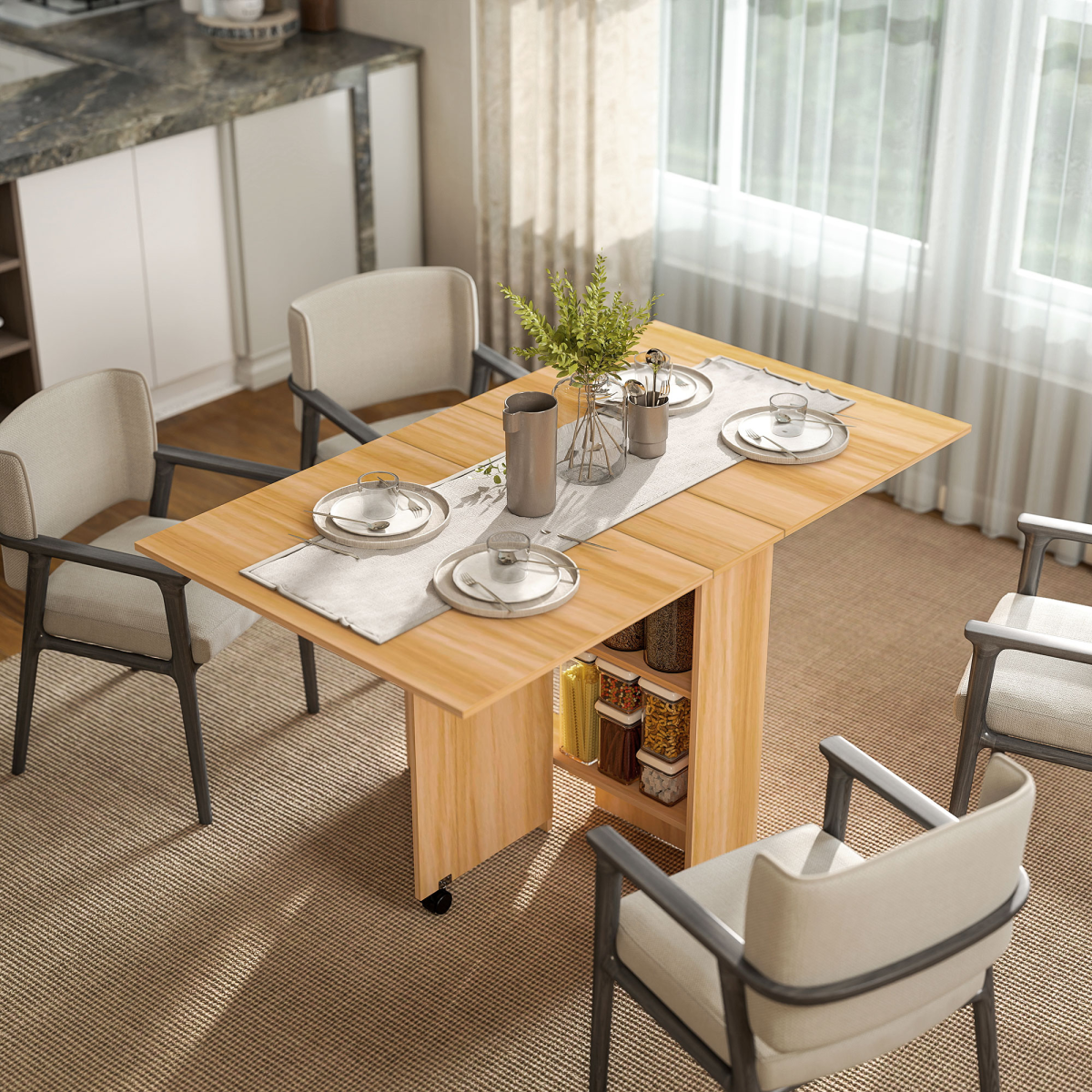 HOMCOM Foldable Dining Table with Storage Shelves for Kitchen, Dining Room