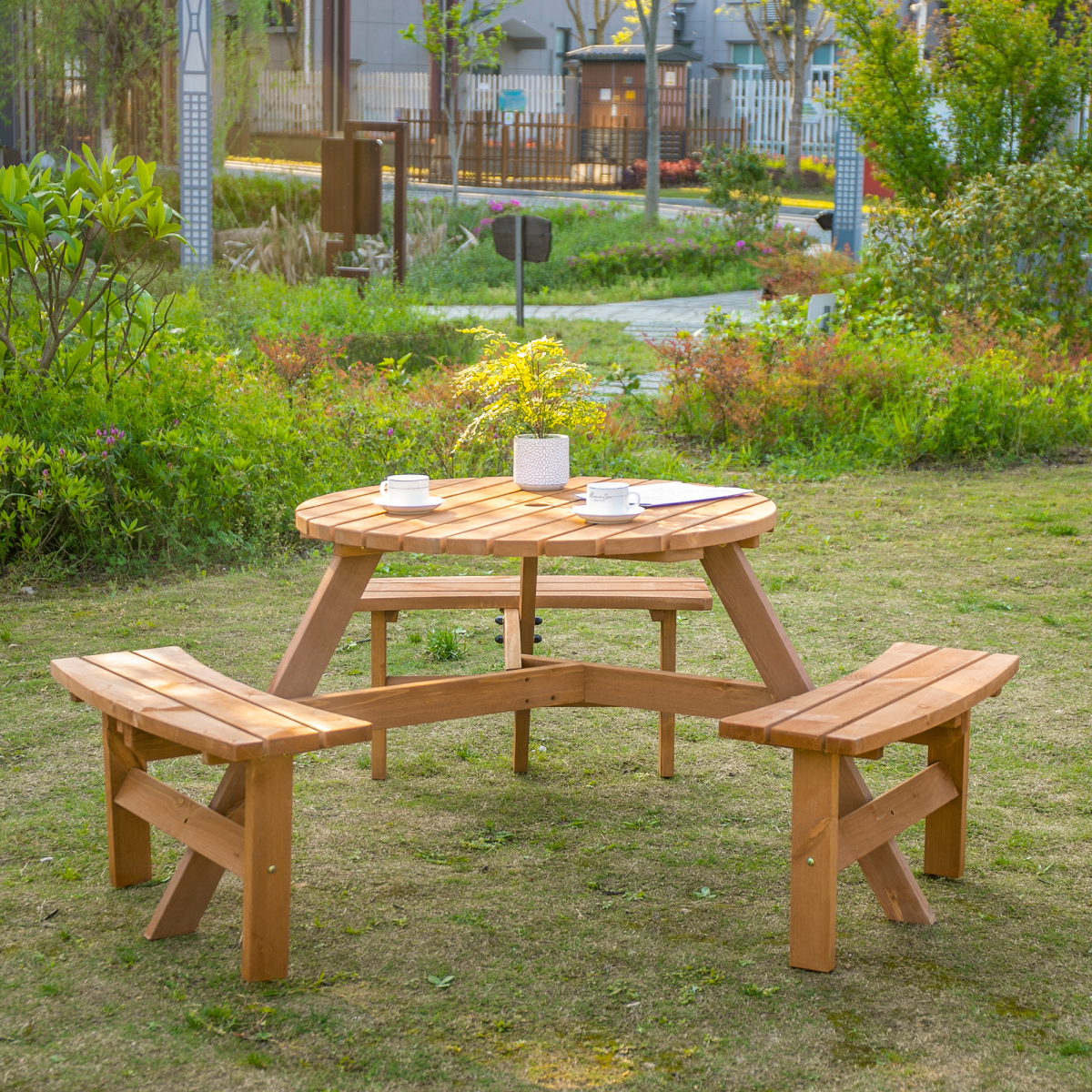 cortex-london-windsor-round-garden-table-three-attached-benches-fir-wood