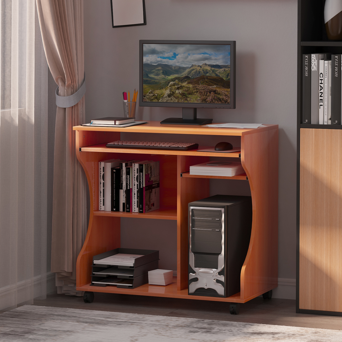 cortex-london-york-cherry-wood-computer-desk-with-wheels-and-storage-shelves