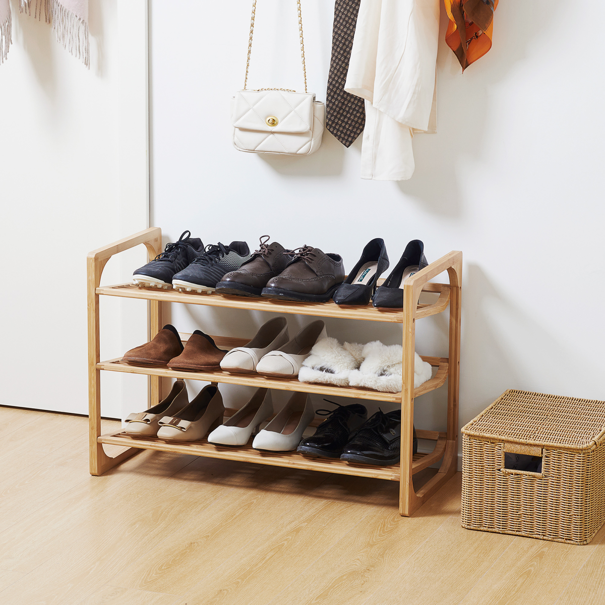 Bamboo Shoe Rack, 3-tier Shoe Storage Shelf for 9 Pair Shoes for Entryway