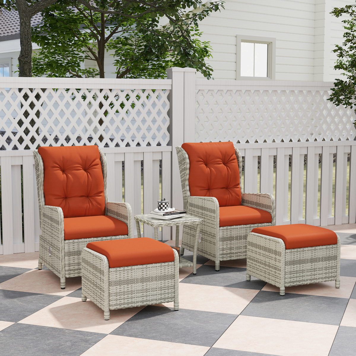 Outsunny Recliner Rattan Garden Furniture w/ Two-tier Table, Orange