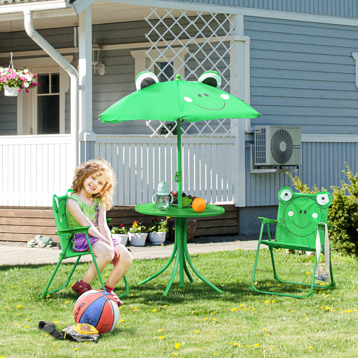 cortex-london-kew-frog-kids-metal-picnic-table-set-green-foldable-umbrella