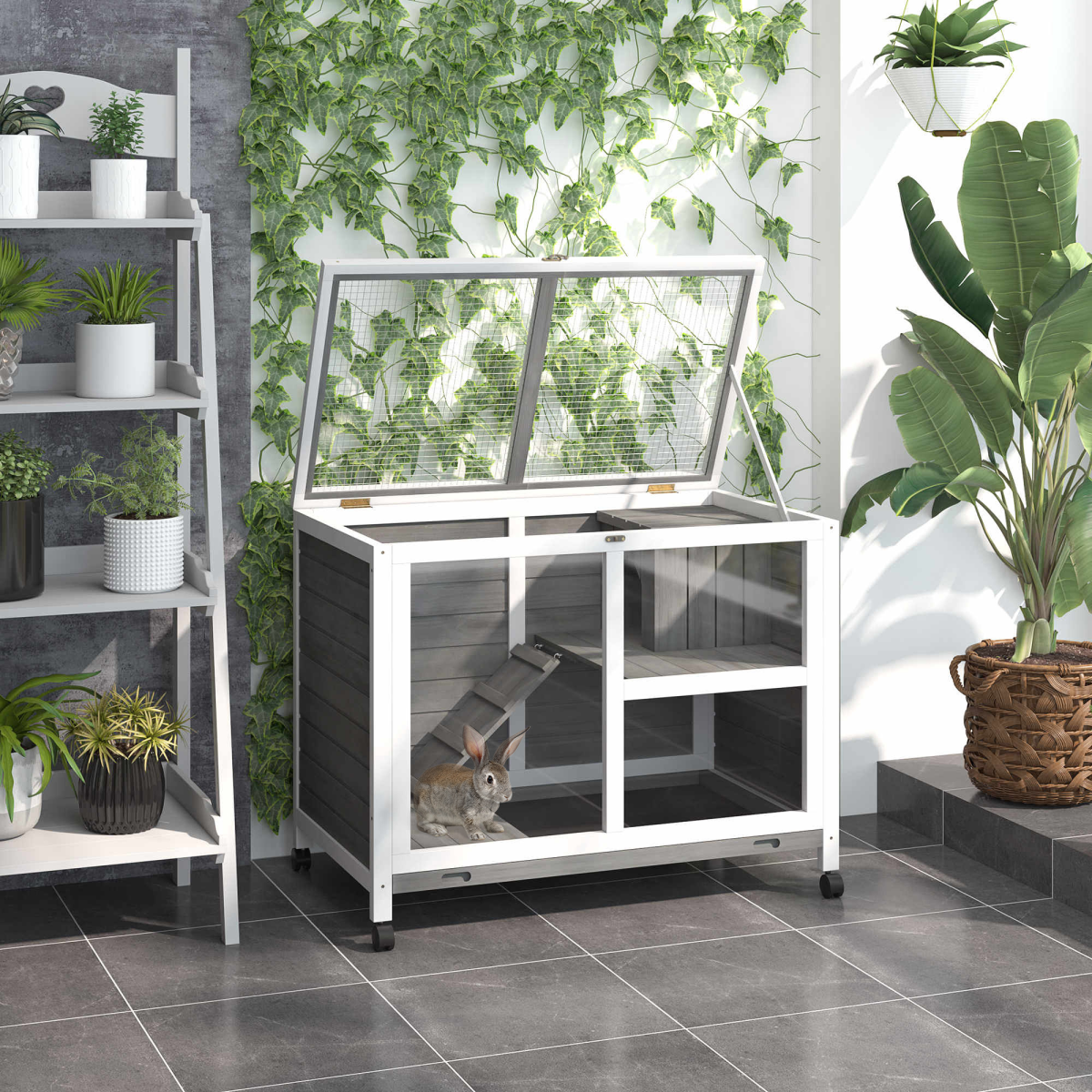 cortex-london-windsor-two-floor-fir-wood-rabbit-hutch-grey-with-tray-ramp-and-wheels