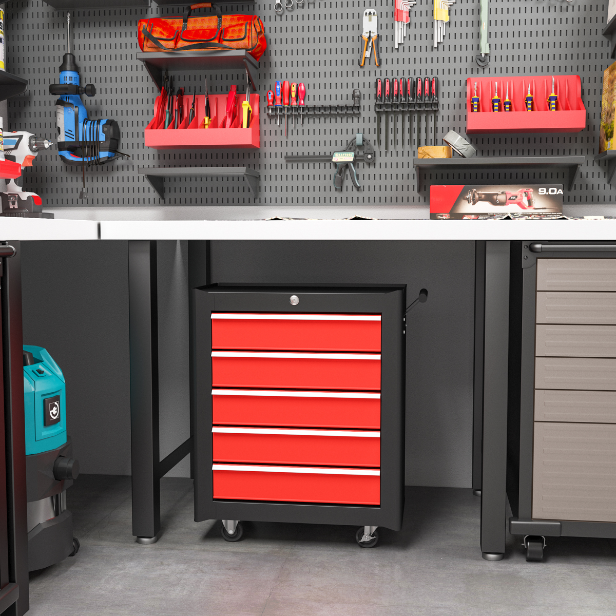 cortex-london-windsor-five-drawer-red-steel-lockable-tool-chest-with-wheels