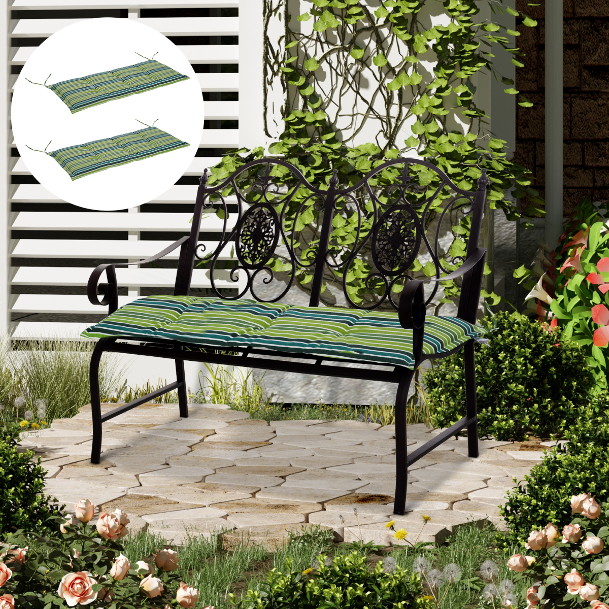 cortex-london-york-green-striped-patio-bench-swing-chair-cushion-mat-set-of-two