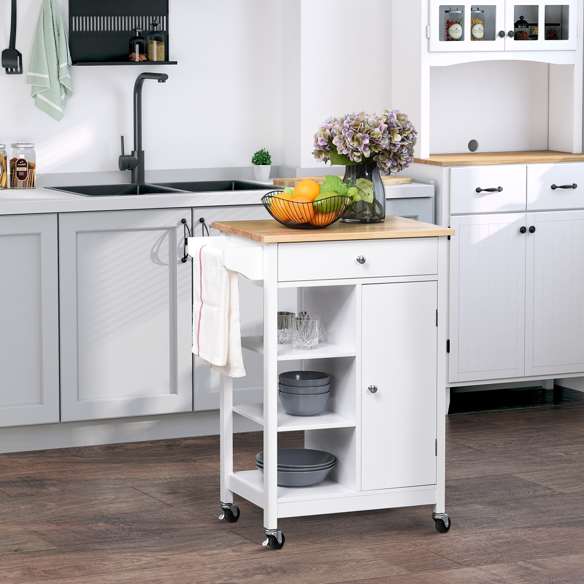 cortex-london-york-white-mdf-kitchen-storage-trolley-large-pull-out-drawer-three-open-shelves-adjustable-cabinet-shelf-side-hanging-rail-wheels