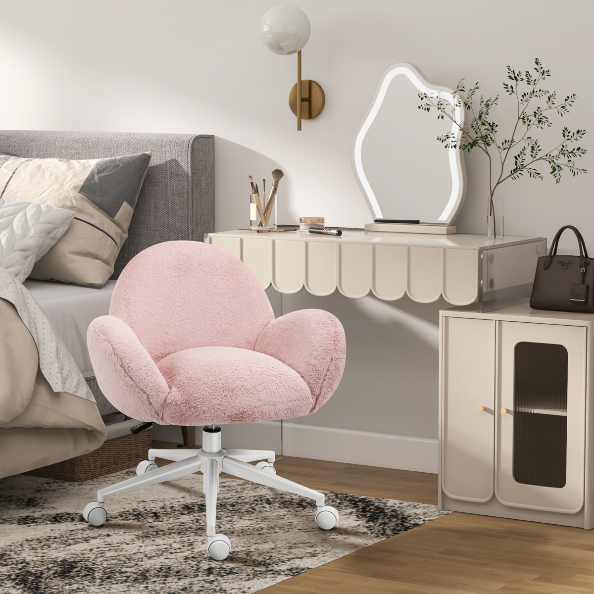 Fluffy Leisure Chair Office Chair w/ Backrest and Armrest for Bedroom Pink