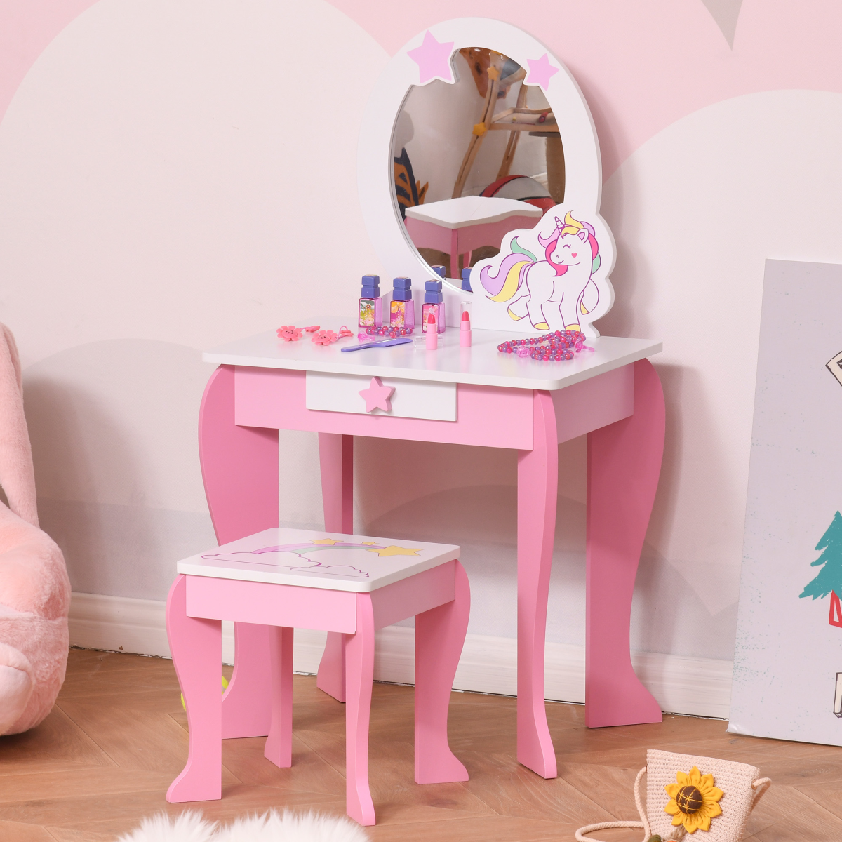 cortex-london-windsor-unicorn-kids-dressing-table-set-pink-white-mdf-acrylic-mirror-stool