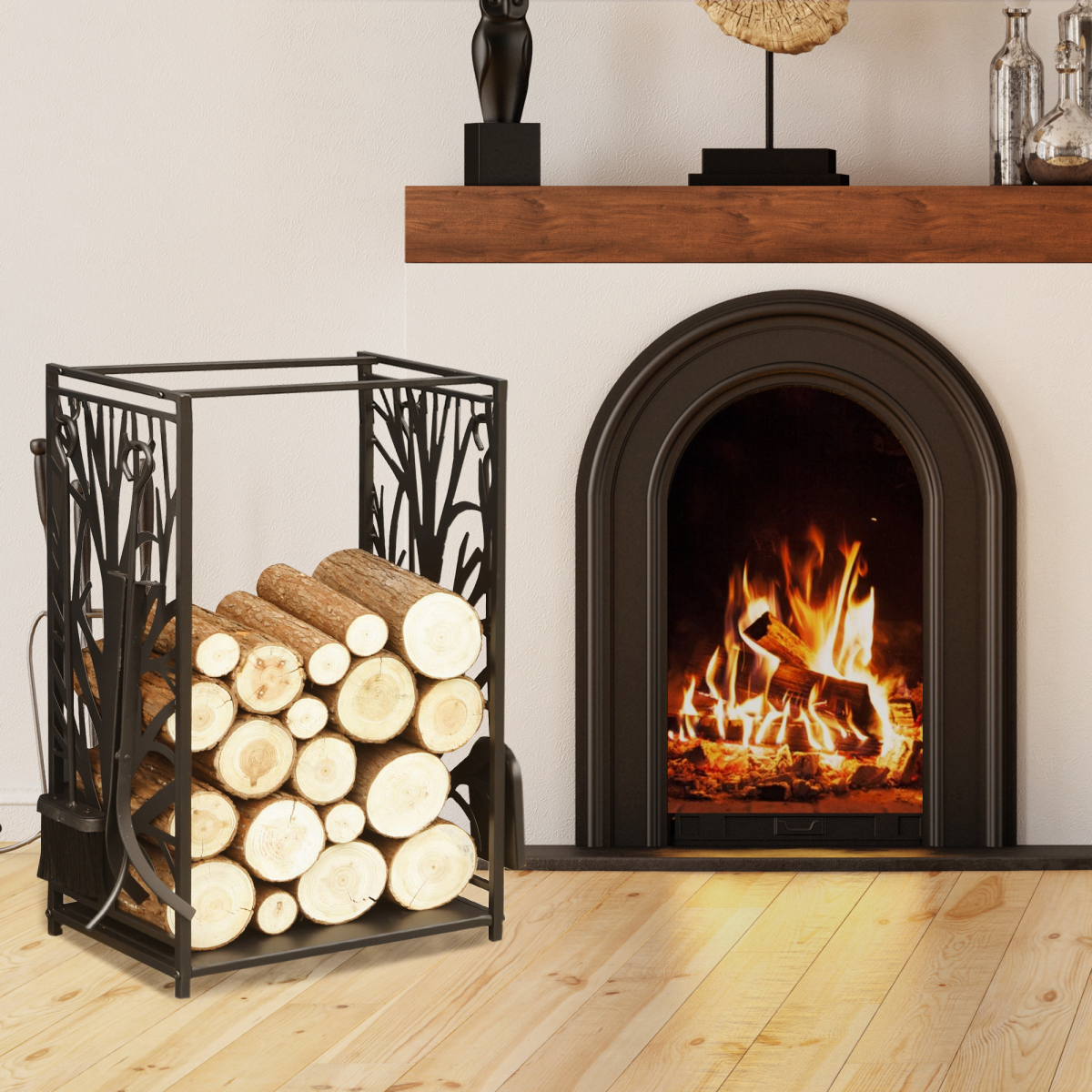 Robin Heavy Duty Firewood Wood Log Rack Fireplace Wood Stacker Storage w/ 4 Tools