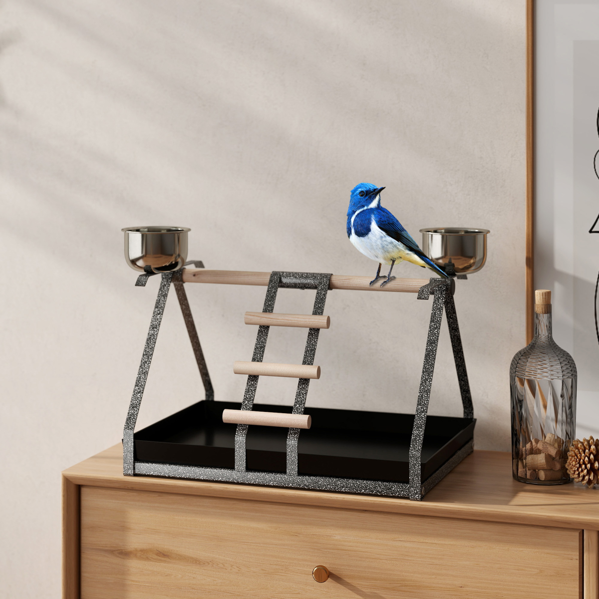 cortex-london-windsor-portable-bird-stand-stainless-steel-base-wooden-perch-ladder-bowls