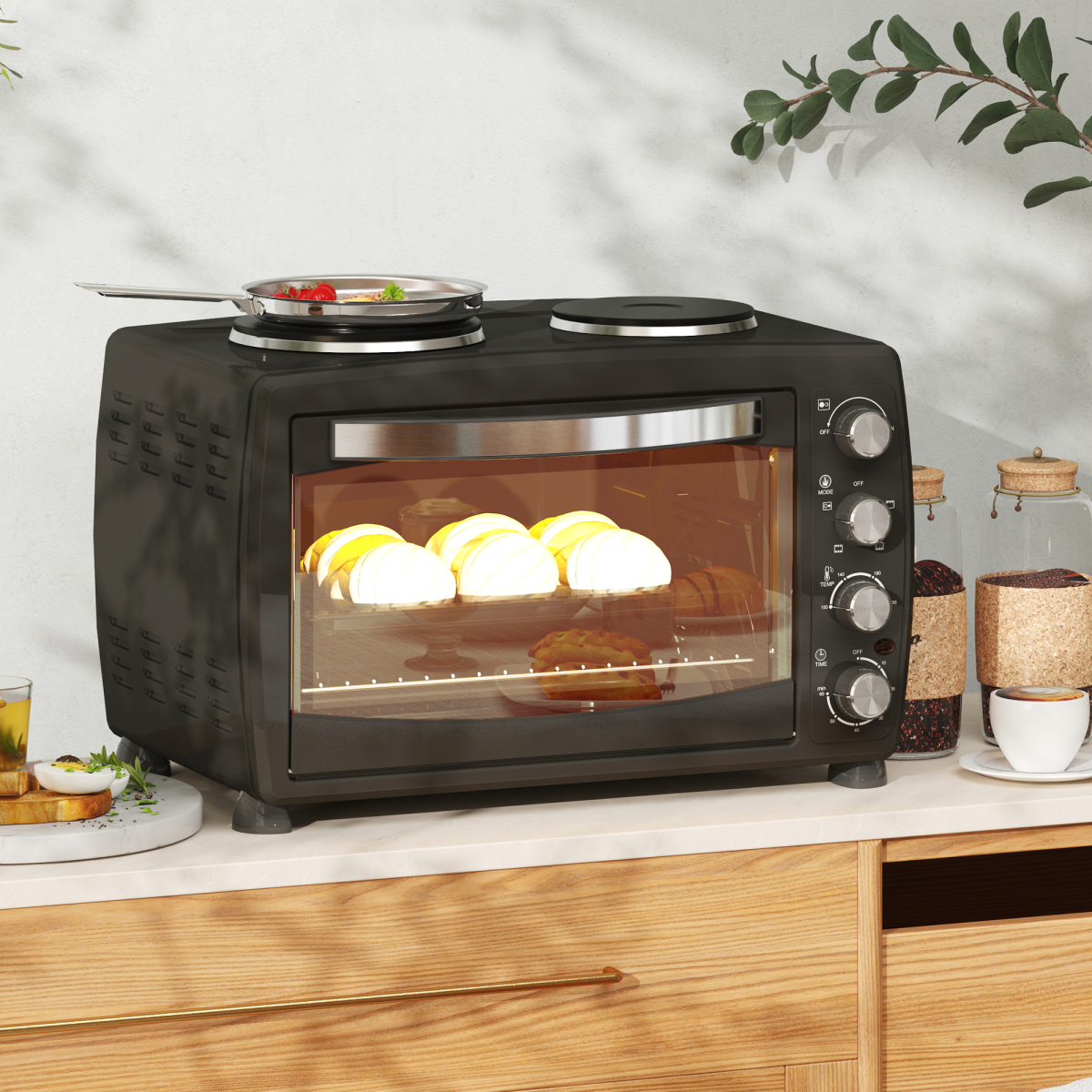 cortex-london-windsor-36l-countertop-toaster-oven-with-two-hot-plates-black