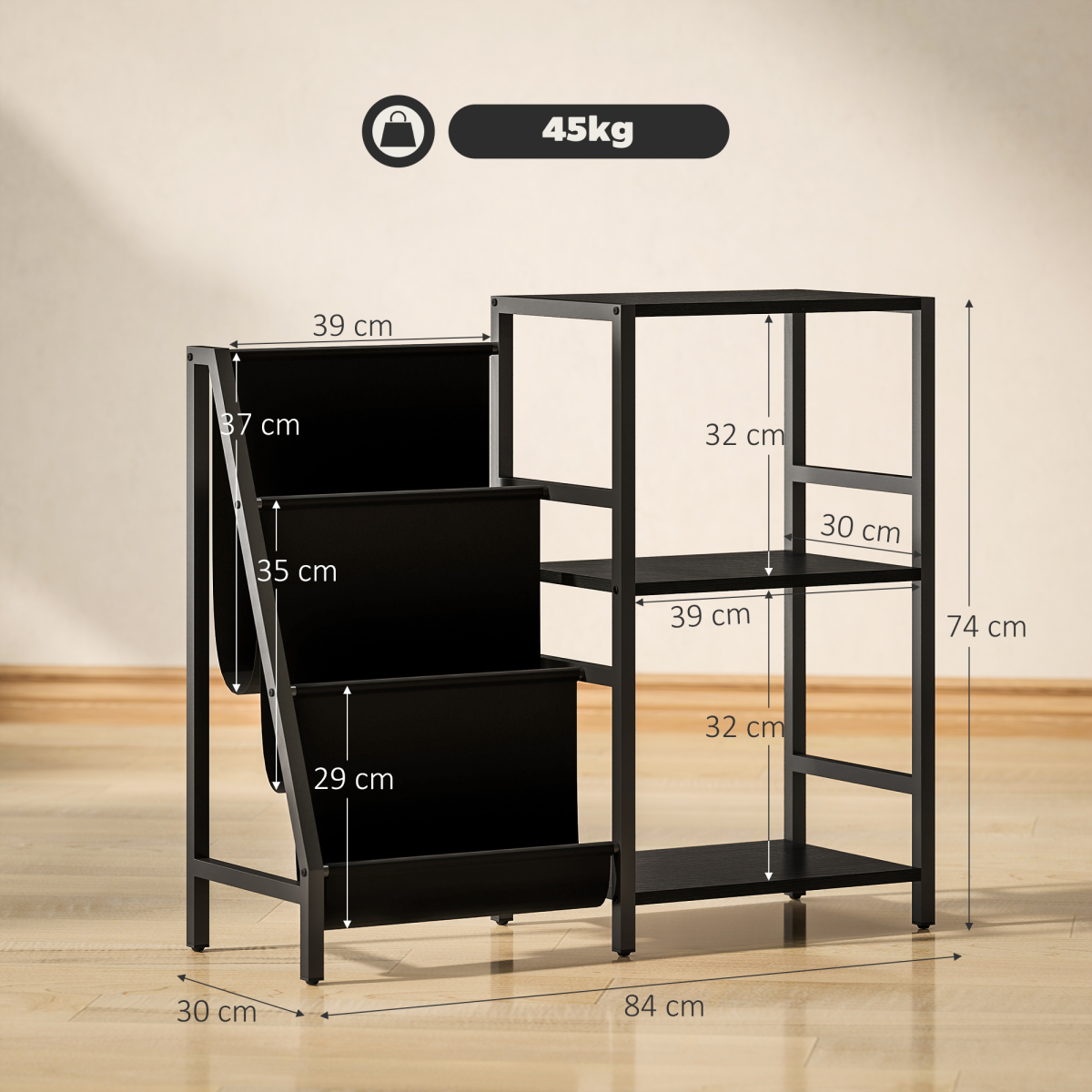cortex-london-windsor-record-player-stand-black-wood-effect-three-shelves-magazine-racks