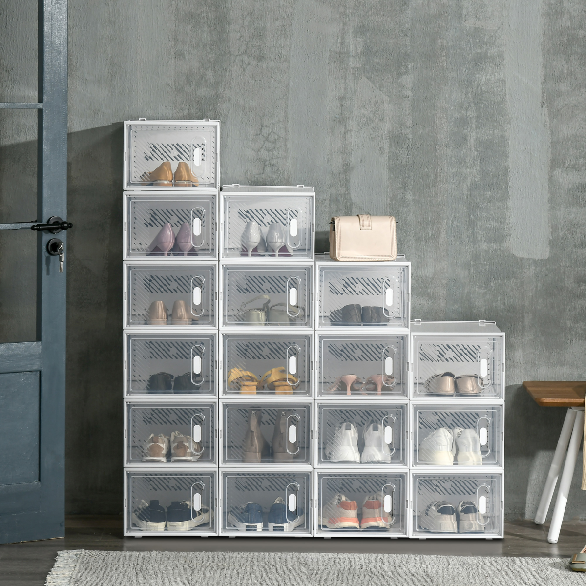 18PCS Clear Shoe Box, Plastic Stackable UK/EU Size up to 12, 28 x 36 x 21cm