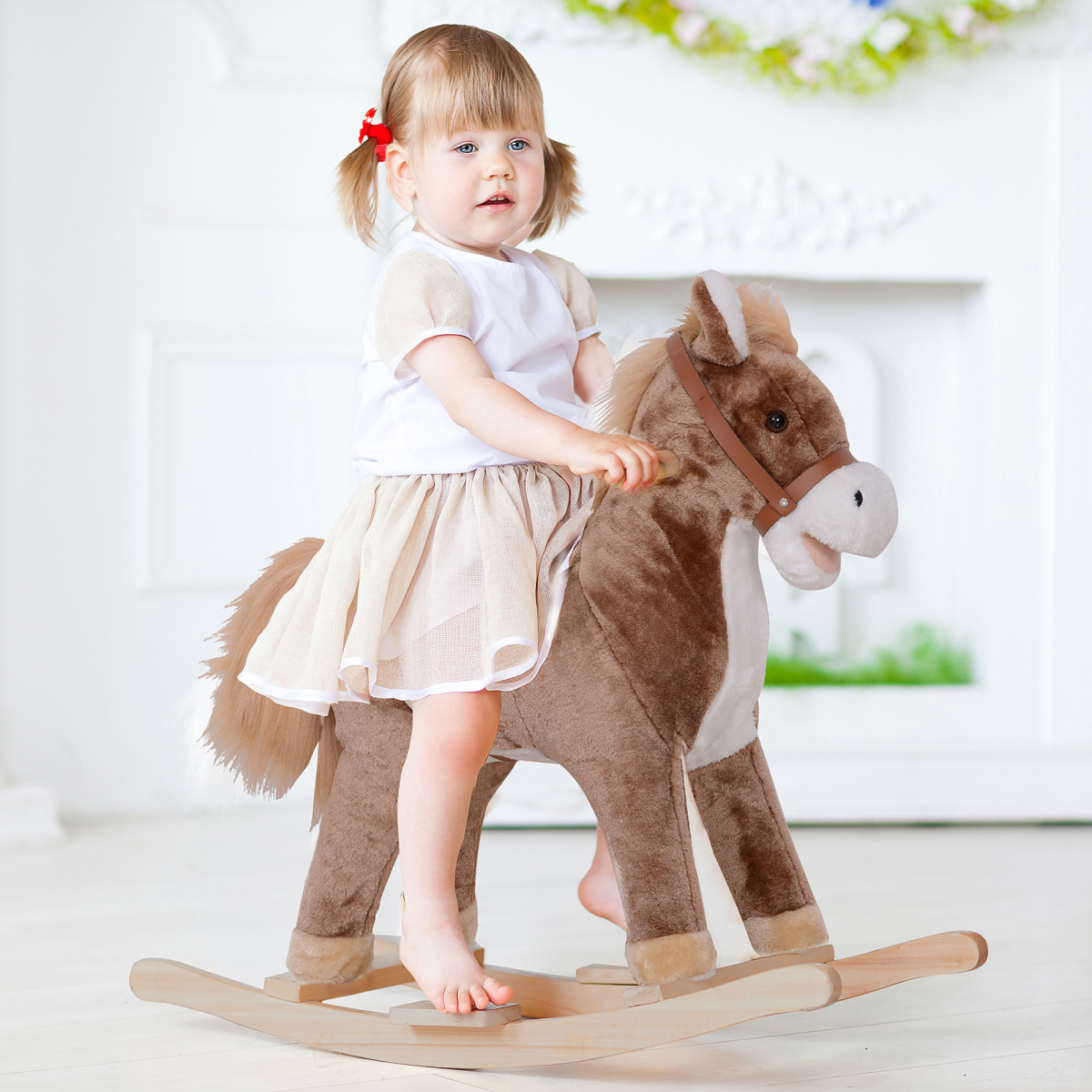 HOMCOM Kids Rocking Horse Wooden Plush Age 3 Children Ride On Toy Rocker Baby