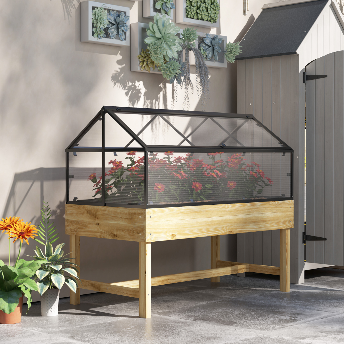 cortex-london-kew-raised-garden-bed-grow-house-polycarbonate-panel-grey-natural-wood-finish
