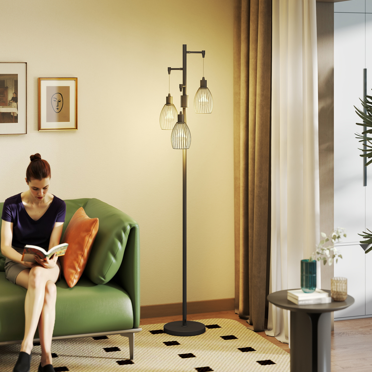 HOMCOM Industrial 3-Light Floor Lamp Dimmable LED Standing Lamp, Black