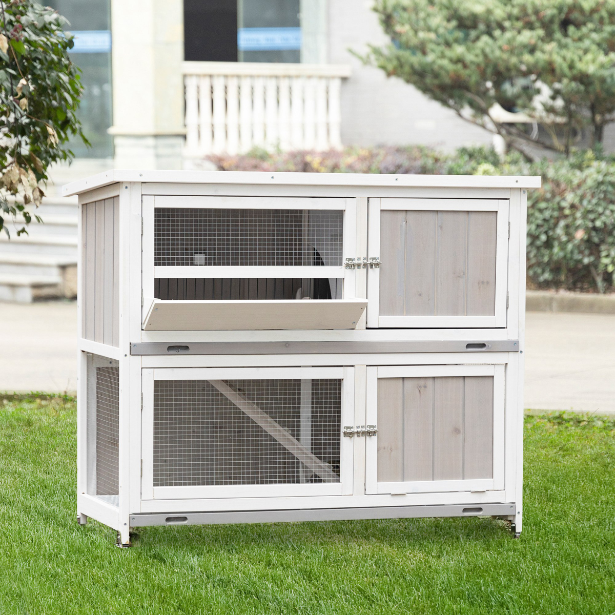 cortex-london-windsor-two-tier-wooden-rabbit-hutch-with-wheels-grey-pawhut