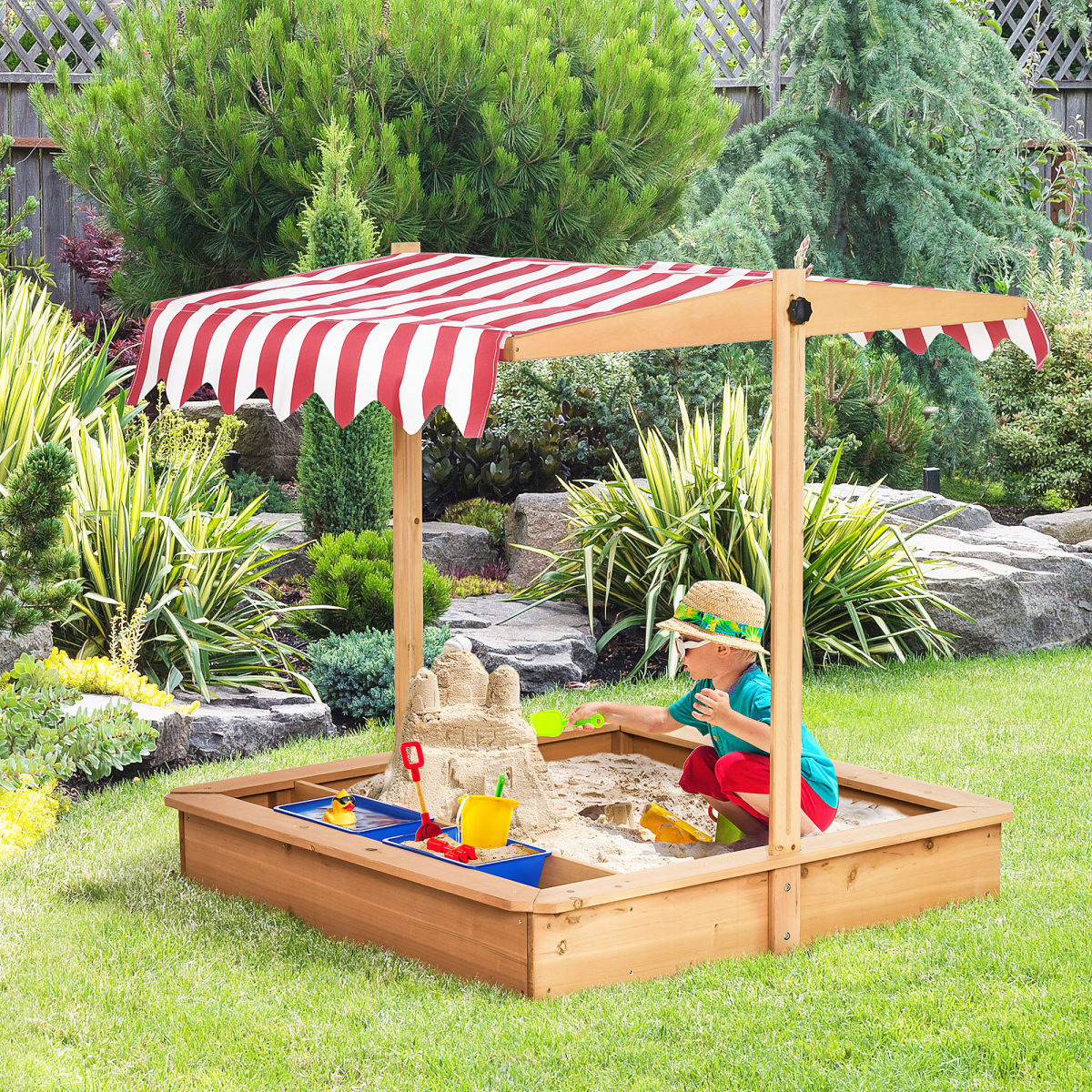 cortex-london-windsor-kids-wooden-sand-pit-adjustable-canopy-outsunny