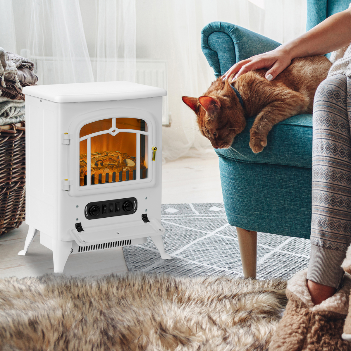 HOMCOM Fireplace Stove Heater Log Burning Flame Electric 950/1850W White