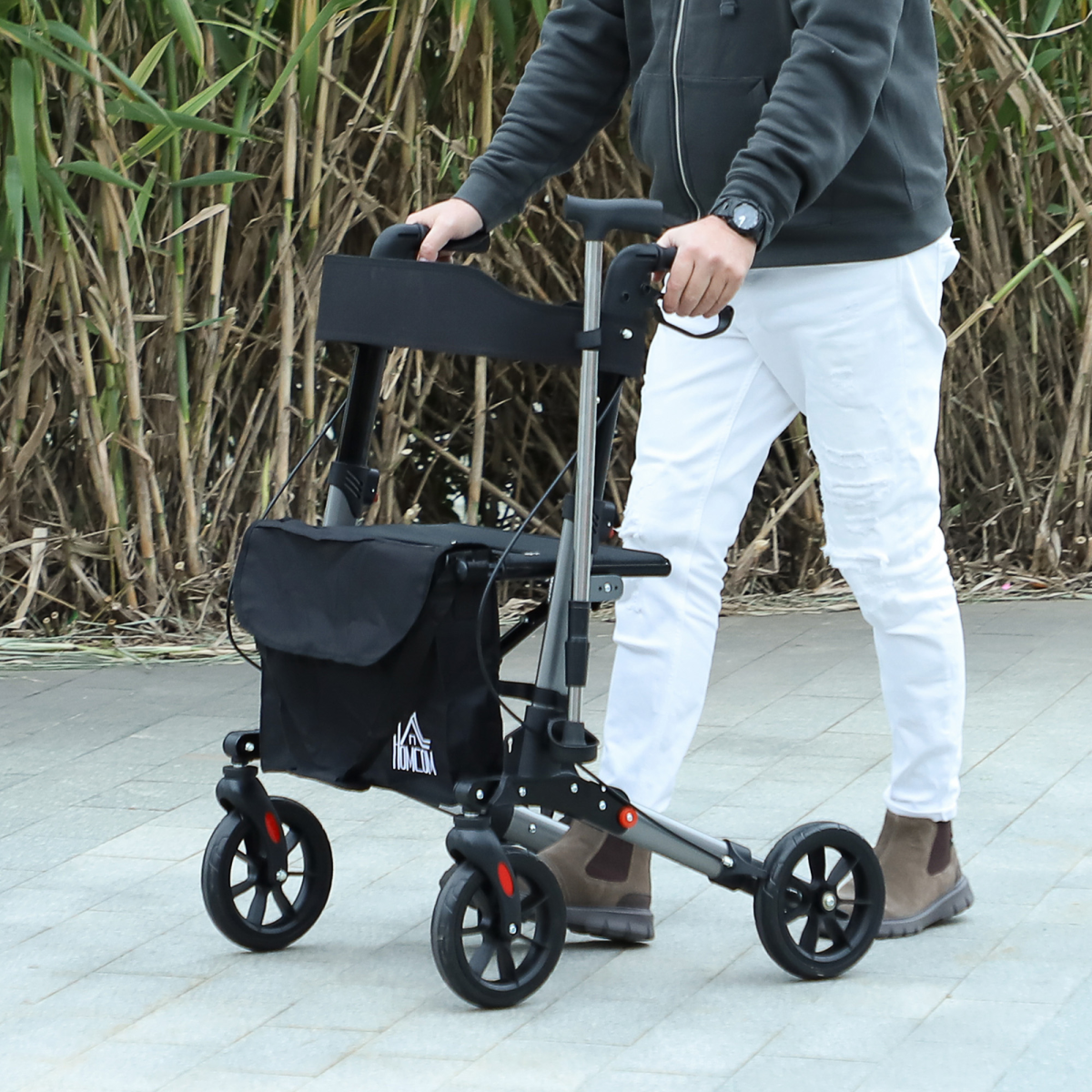 cortex-london-windsor-silver-four-wheel-rollator-walker-adjustable-height-fabric-seat-back-front-pocket-dual-hand-brake