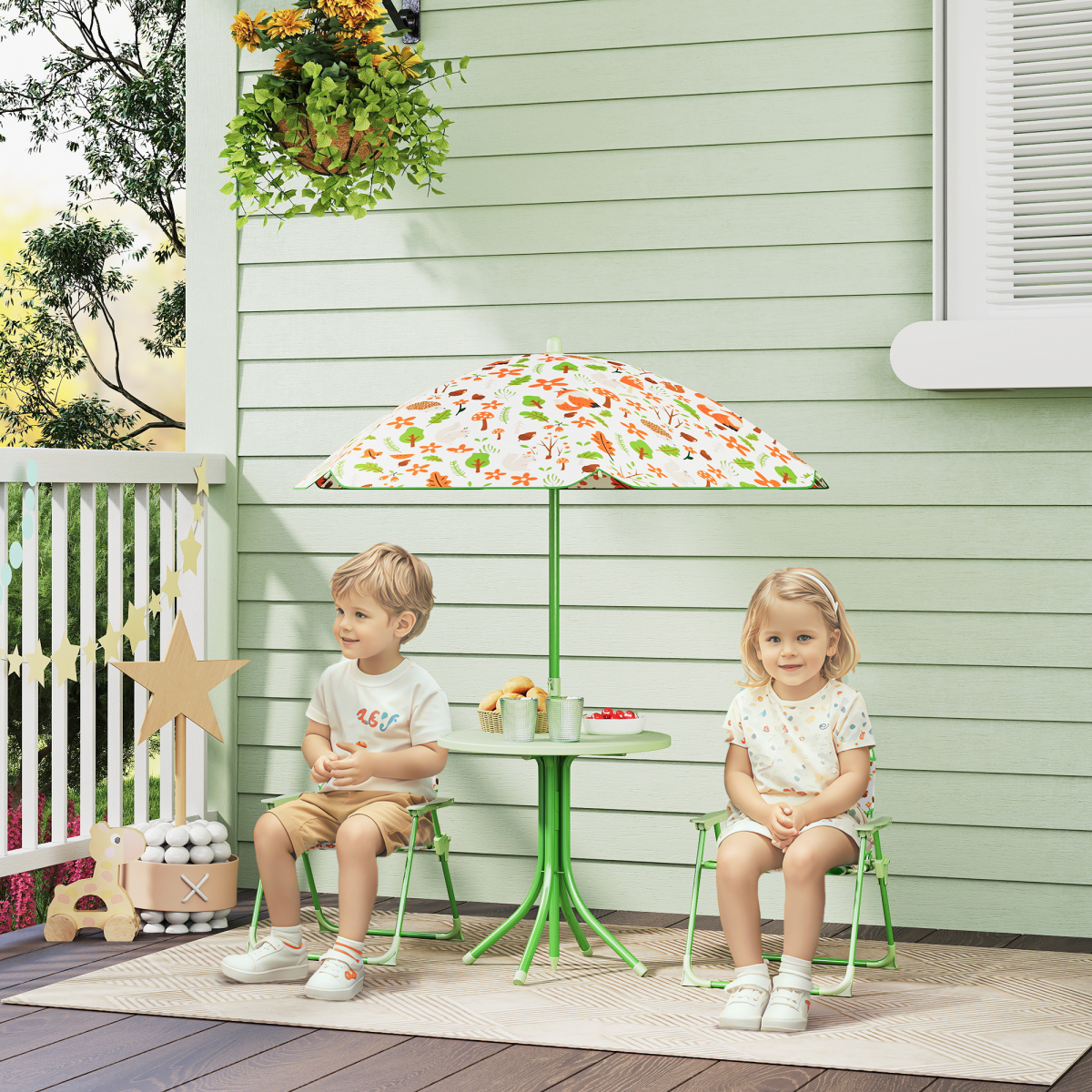 cortex-london-windsor-fox-kids-outdoor-table-chairs-parasol-set-green