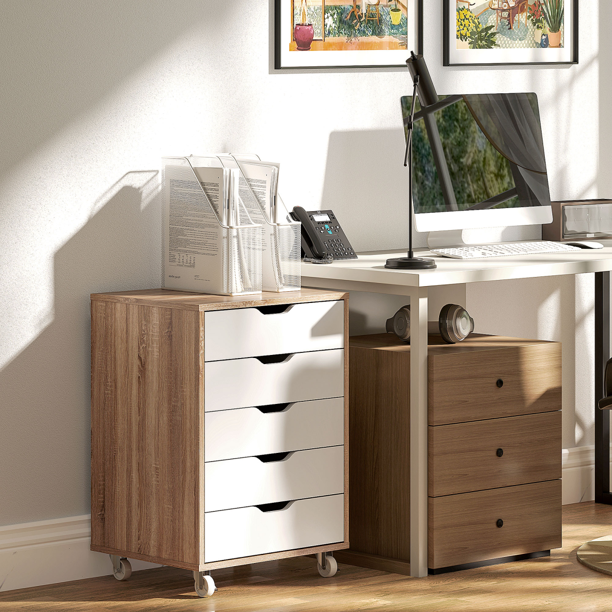 cortex-london-windsor-mobile-filing-cabinet-five-drawer-brown-white