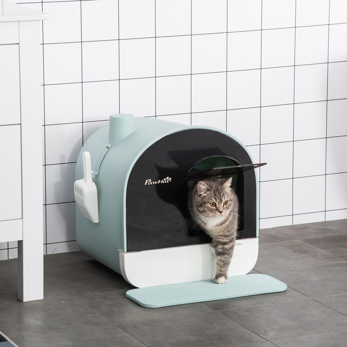 cortex-london-windsor-hooded-cat-litter-tray-with-scoop-filter-flap-door-green-43x44x47-cm
