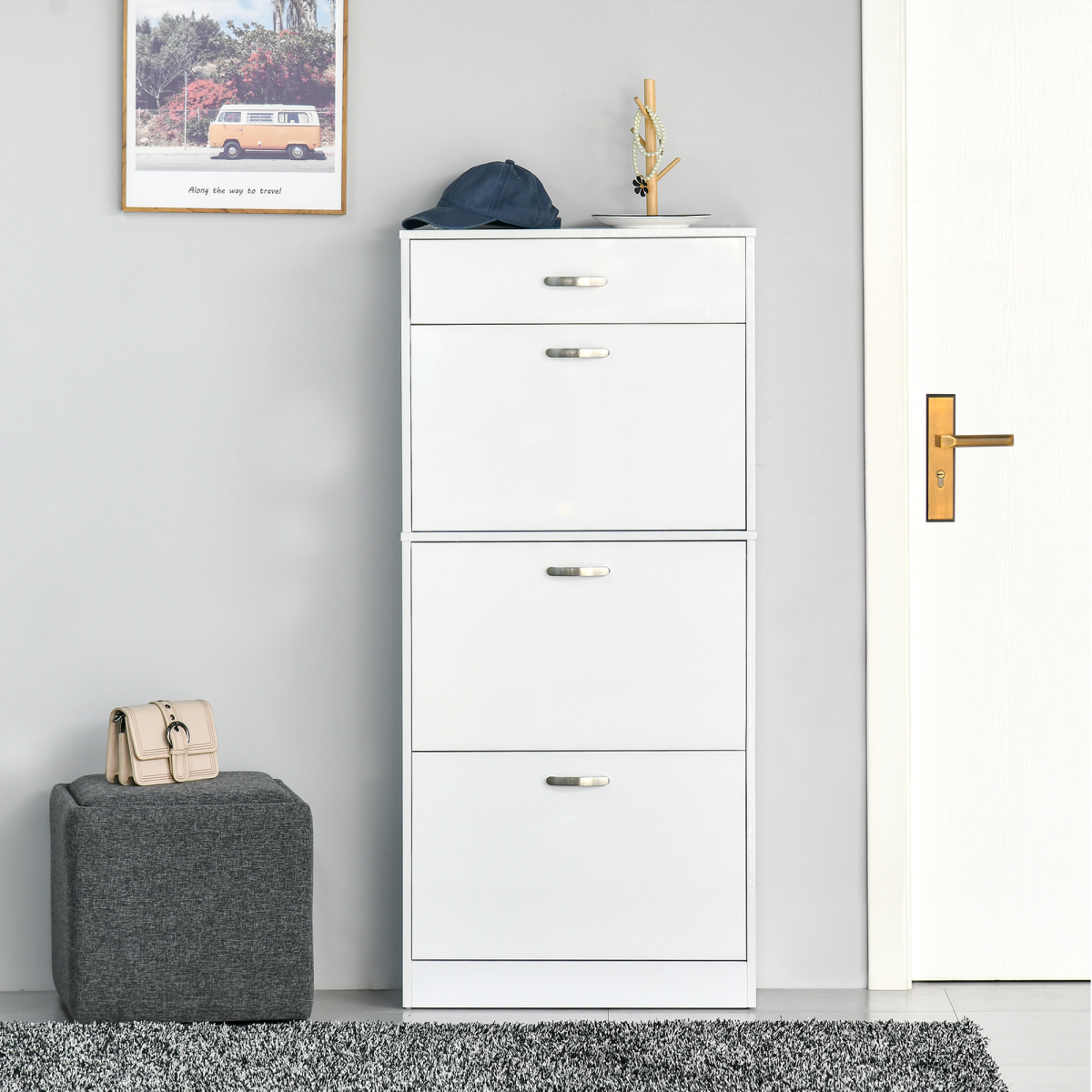 Shoe Cabinet 4 Drawers Storage with Flip Doors Shelves for 18 Pairs White