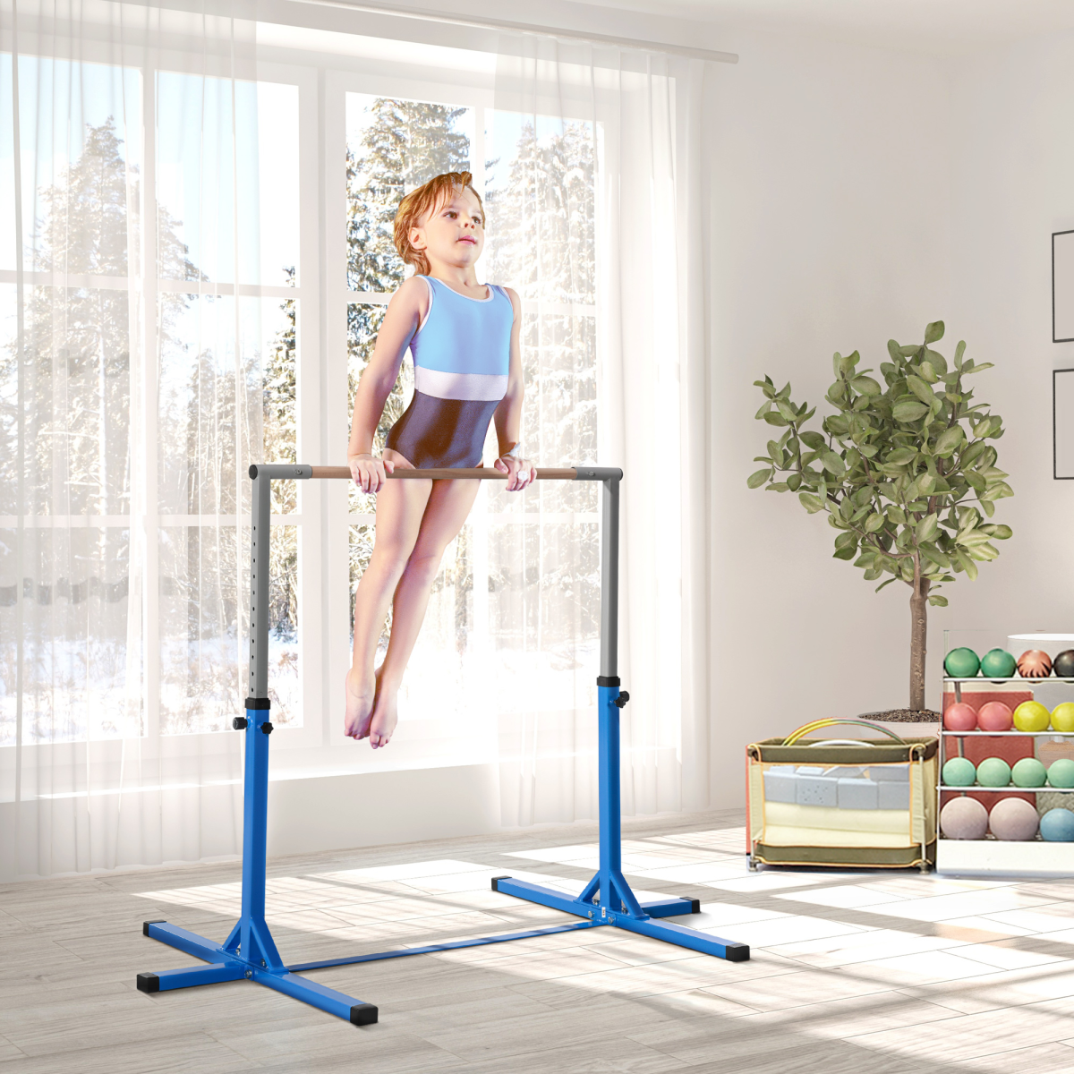 cortex-london-windsor-adjustable-kids-gymnastics-bar-blue-steel-frame-beech-wood-panel
