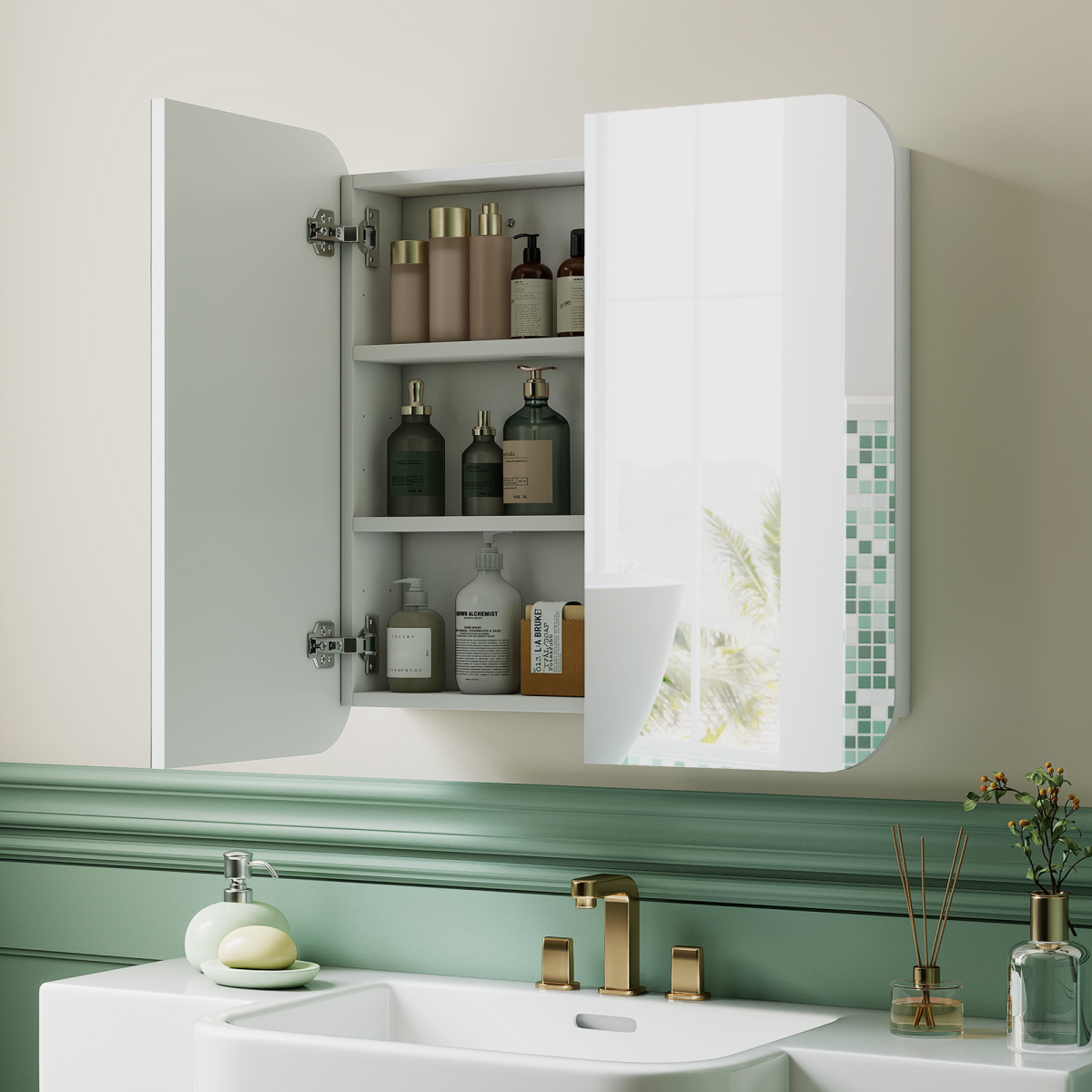 HOMCOM Arched Bathroom Mirror Cabinet, Wall Mounted Mirrored Cabinet