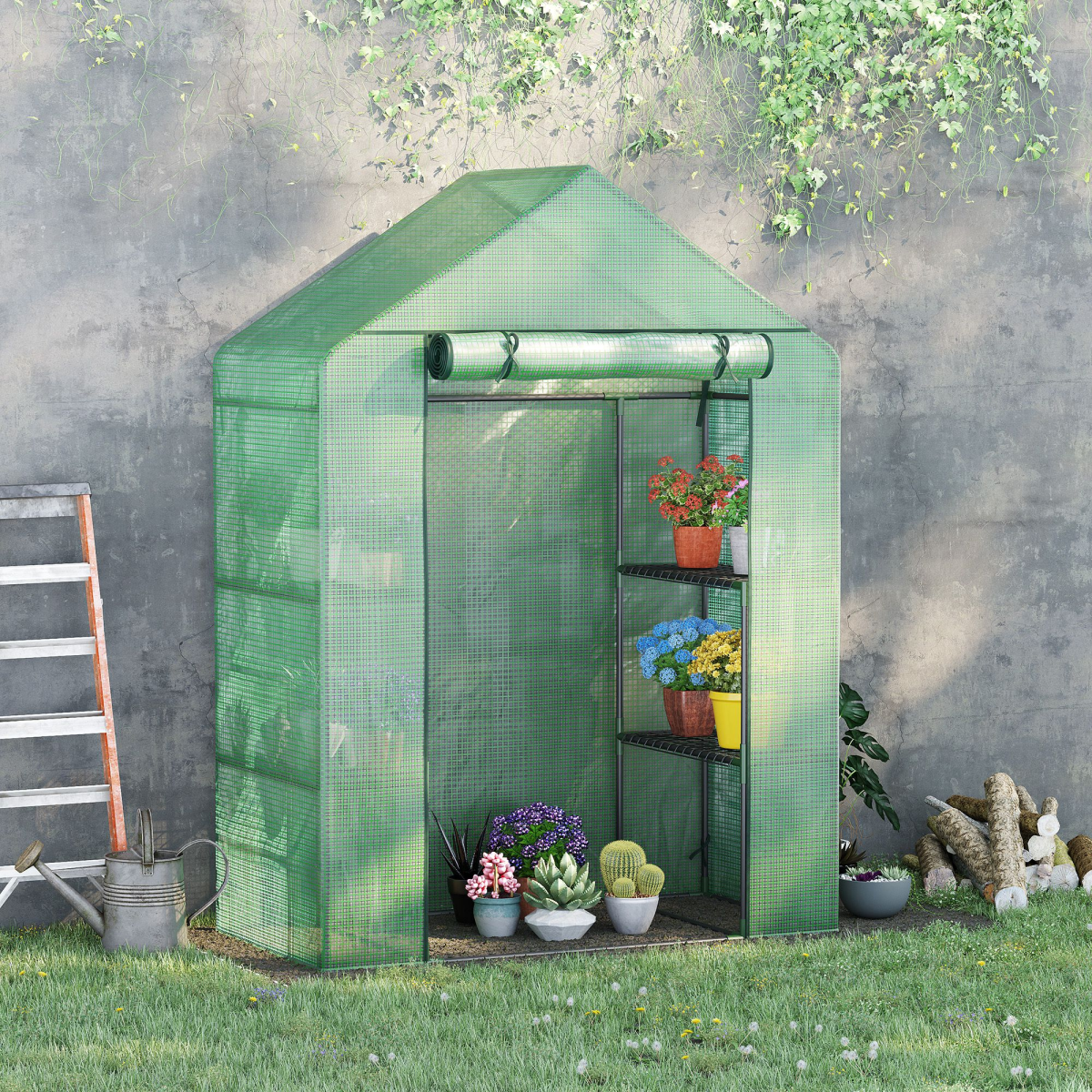 cortex-london-walkin-greenhouse-green-pe-cover-two-tier-shelves