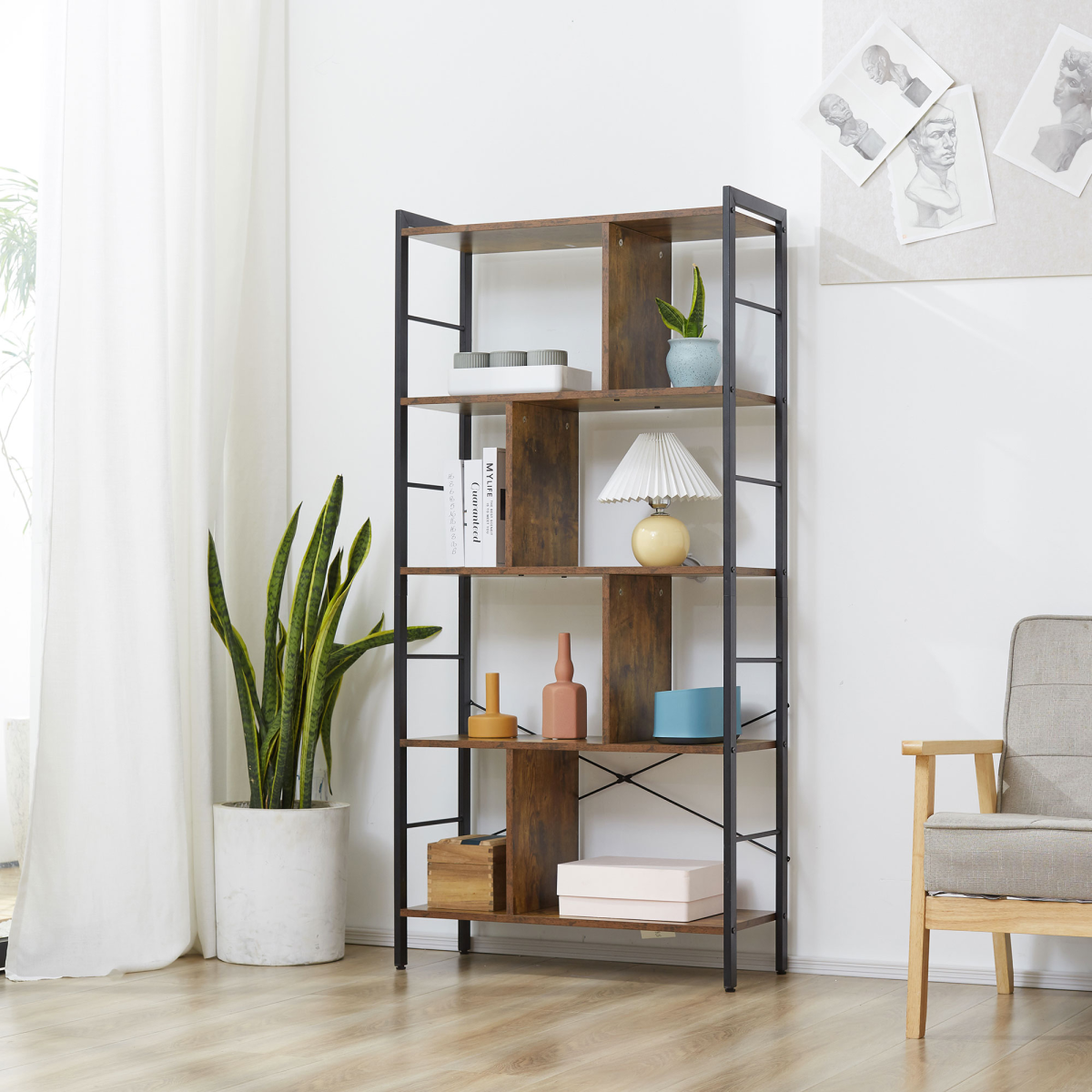 cortex-london-york-industrial-five-tier-storage-bookcase-brown-black-metal-frame