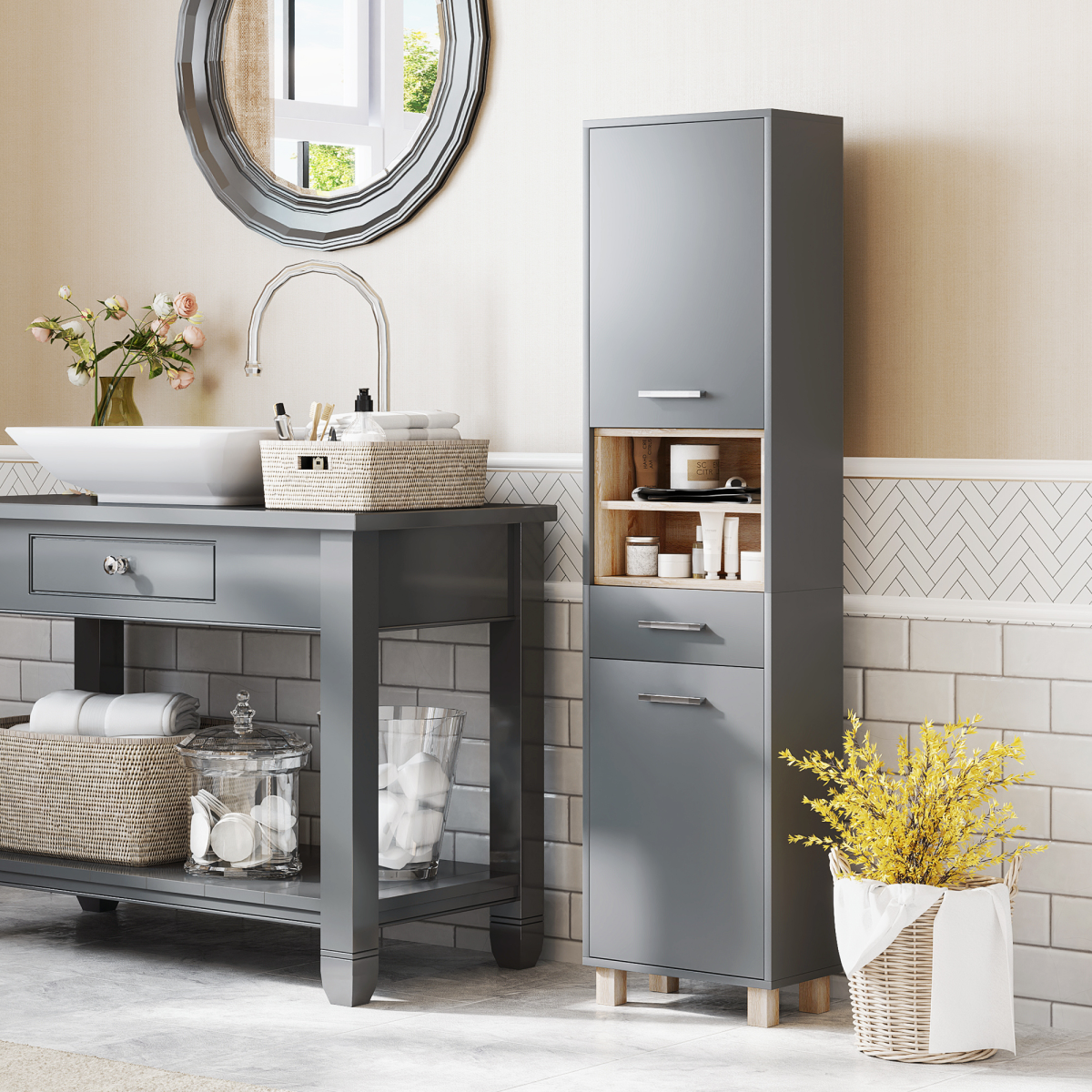 HOMCOM Bathroom Storage Unit with Open Shelves and Drawer