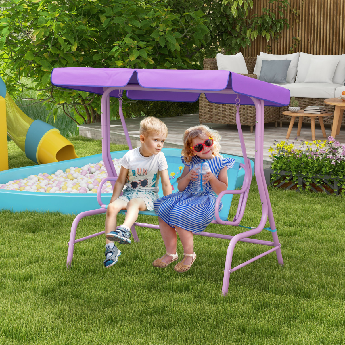 cortex-london-windsor-fairy-kids-two-seater-swing-chair-adjustable-canopy-blue-purple