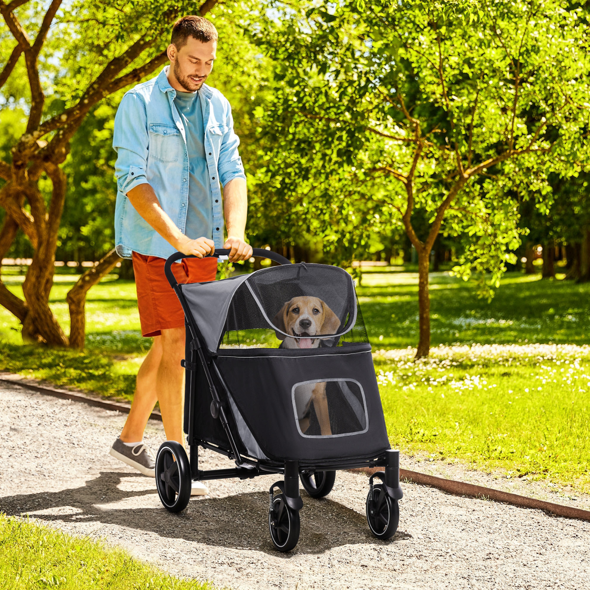 cortex-london-windsor-foldable-dog-pram-universal-wheels-grey-black