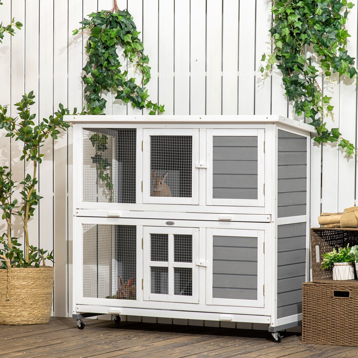 cortex-london-pawhut-windsor-wooden-rabbit-hutch-wheels-grey