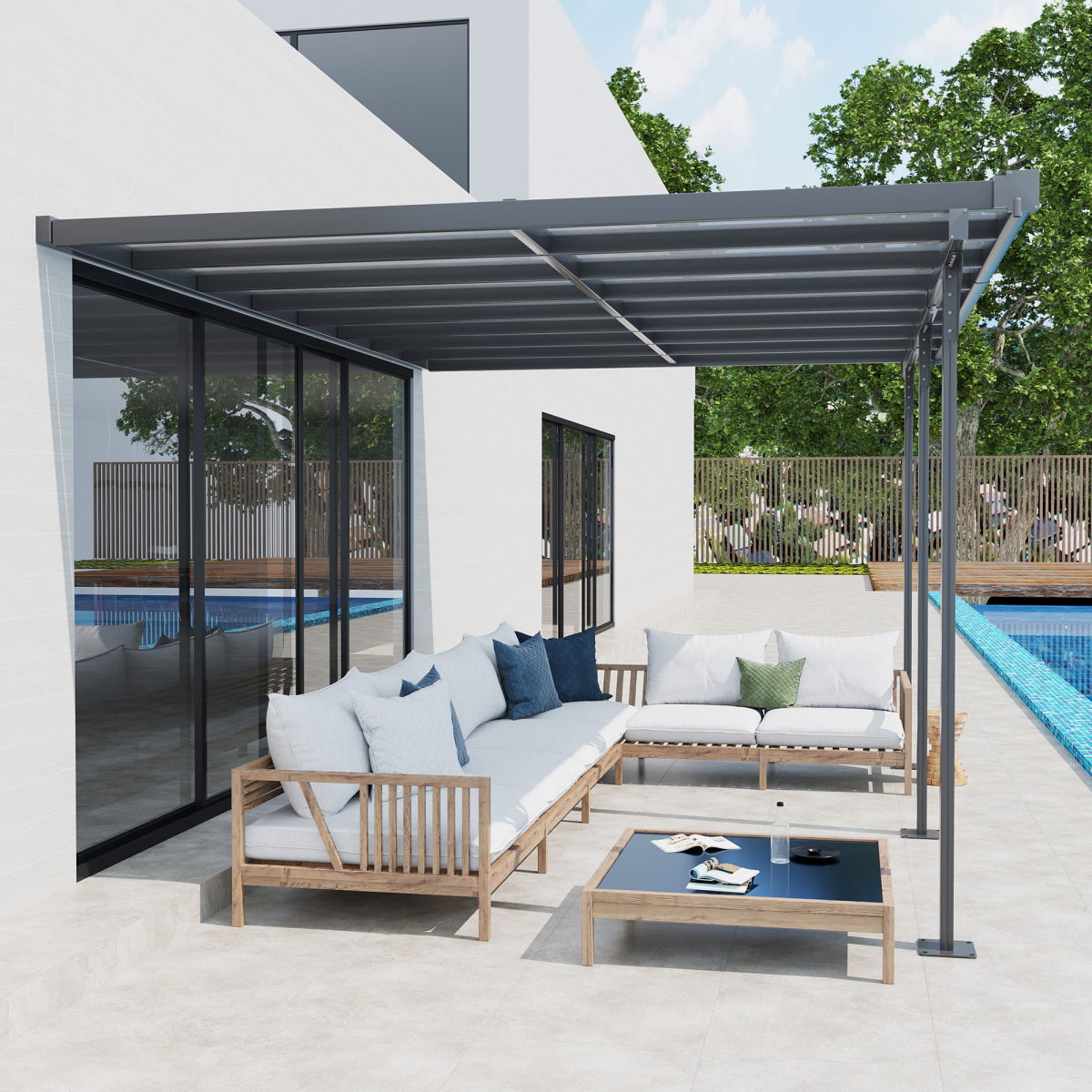 Outdoor Patio Gazebo Pergola, Aluminum Post, 4.35x3m Mounted on the Wall Roof