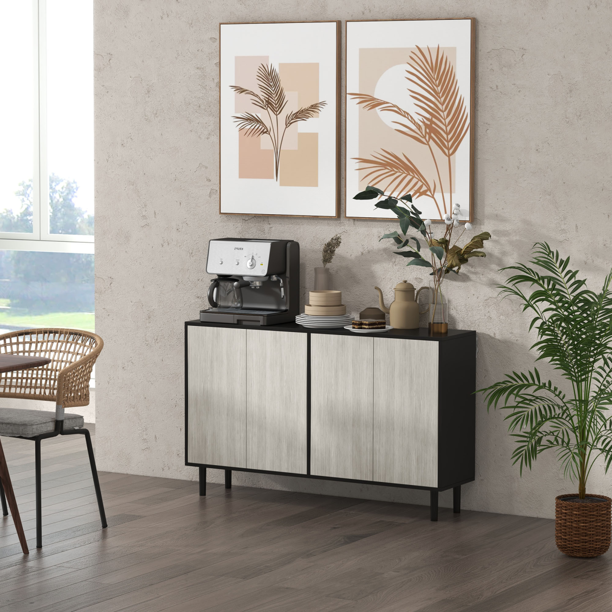 HOMCOM Sideboard Storage Cabinet for Living Room with Adjustable Shelves Black