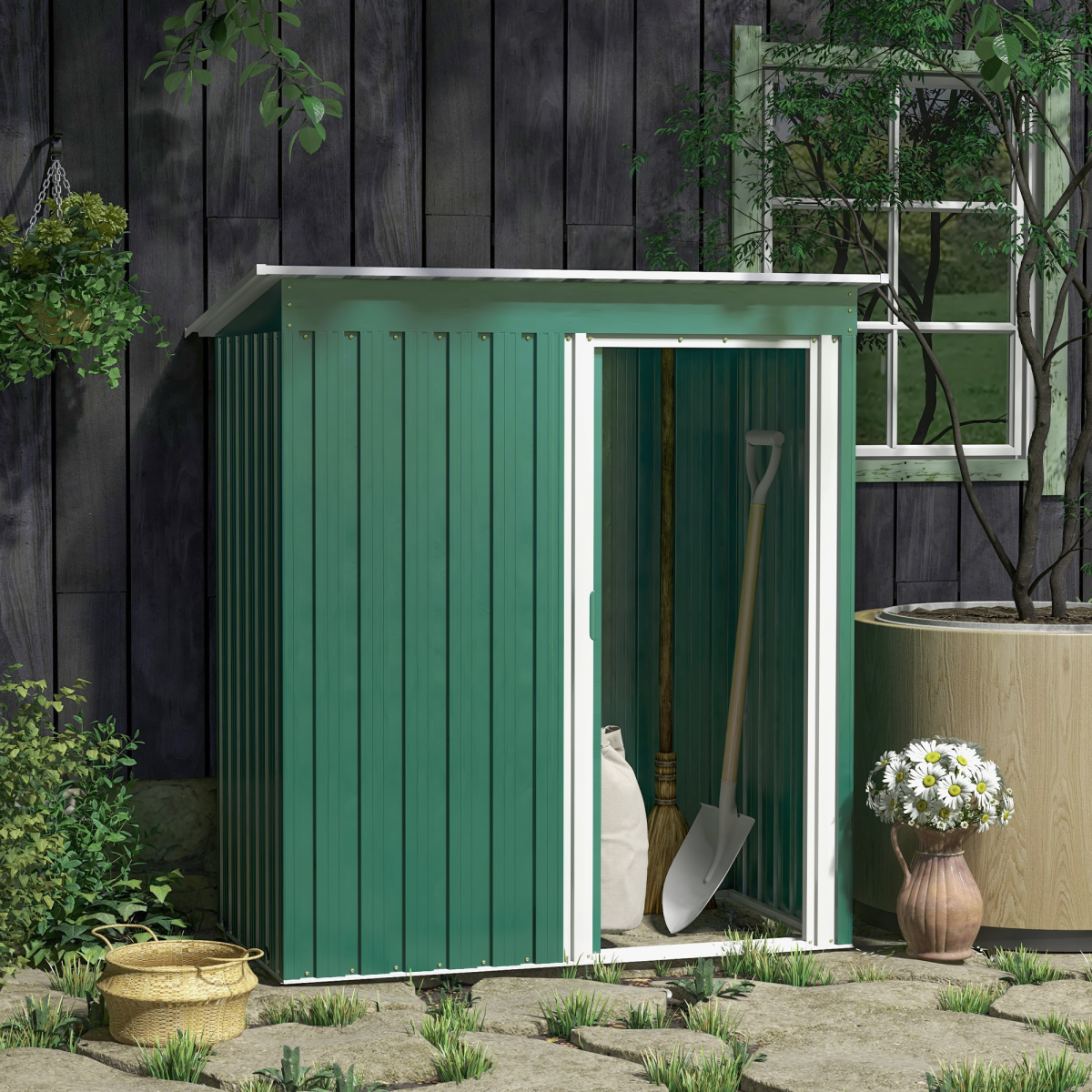 cortex-london-outsunny-westminster-garden-storage-shed-green-galvanised-steel-sliding-door-sloped-roof