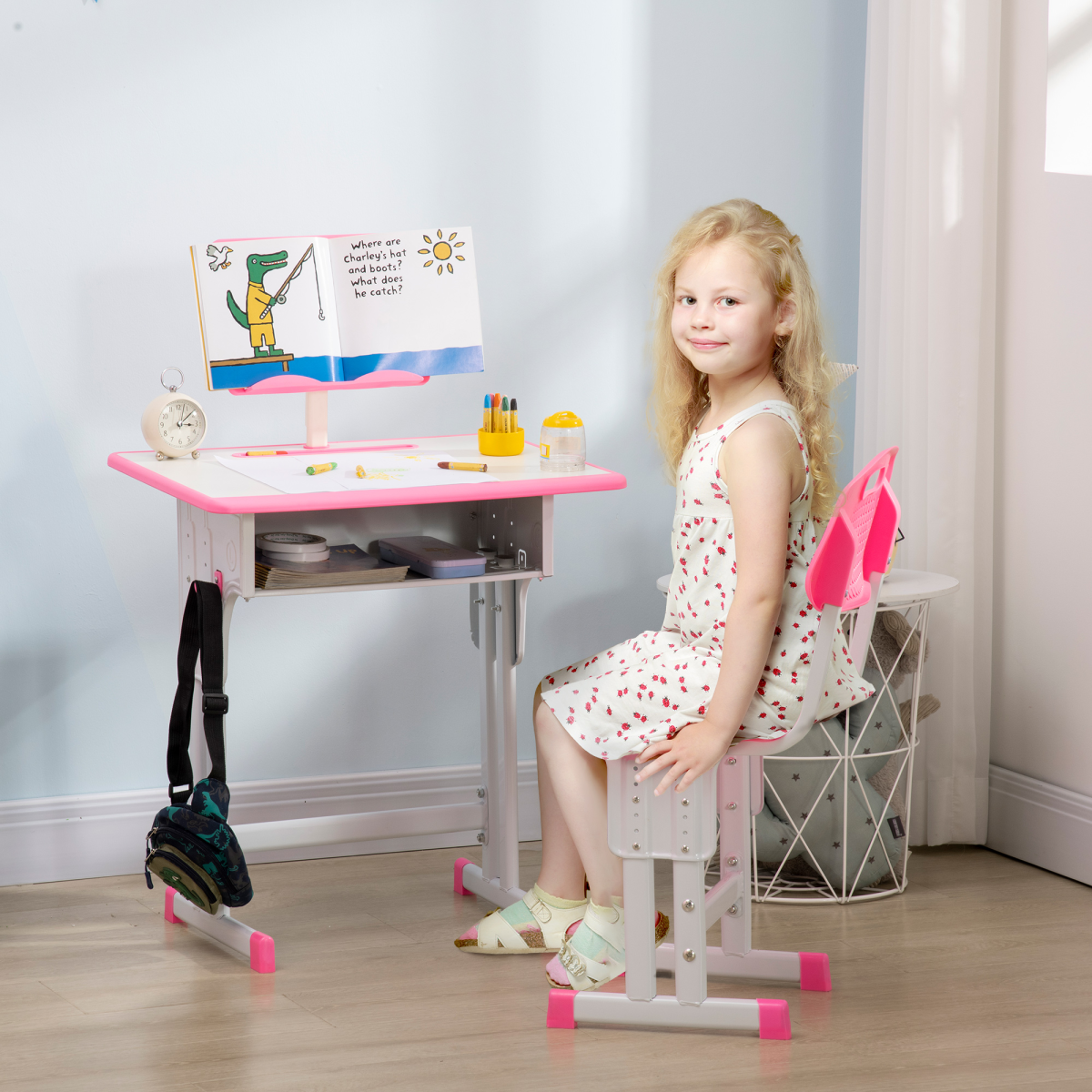 cortex-london-windsor-kids-adjustable-desk-and-chair-set-pink-with-drawer-book-stand-cup-holder-pen-slot-and-hook